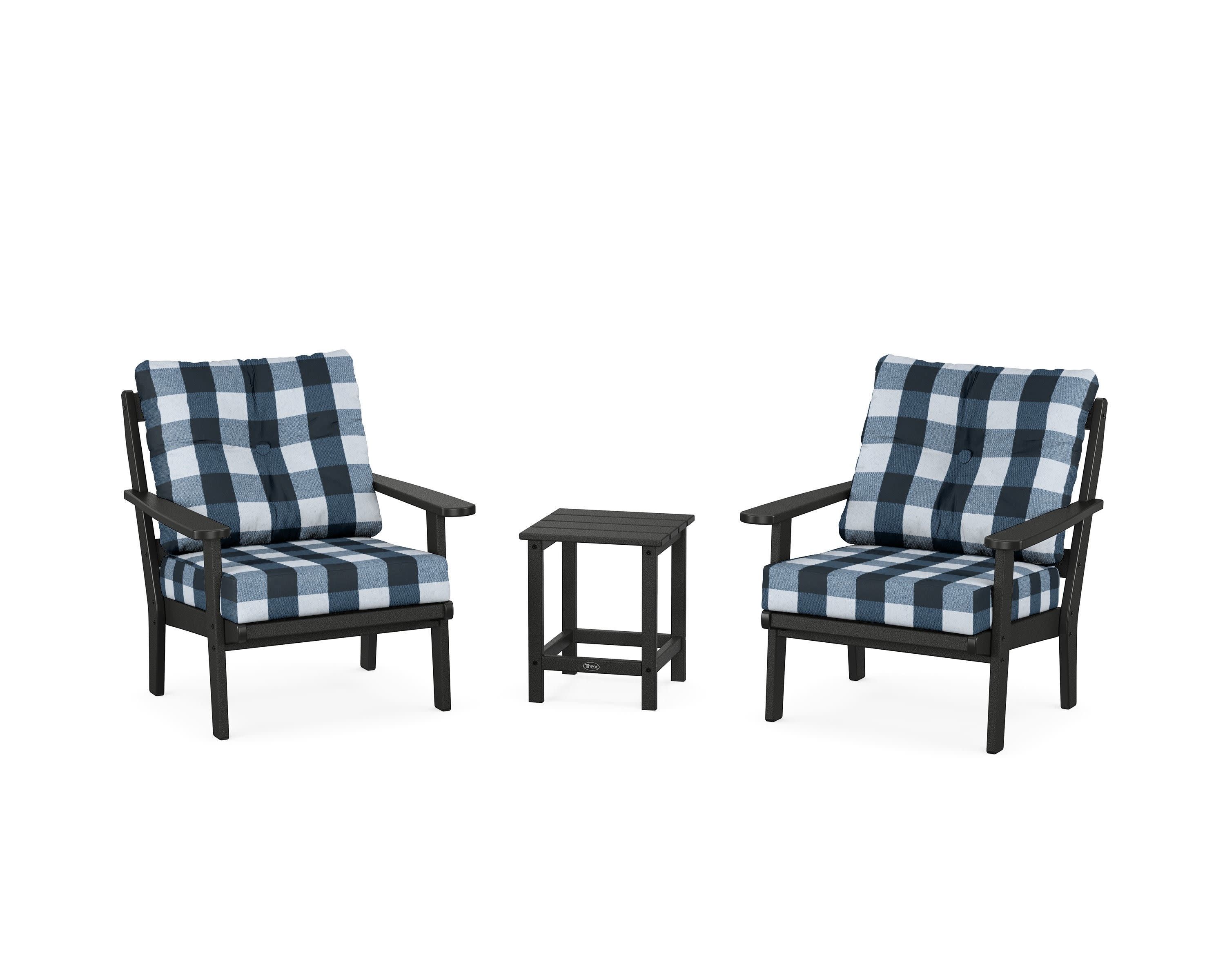 Cape Cod 3-Piece Deep Seating Set in Charcoal Black / Buffalo Plaid Marine Indigo