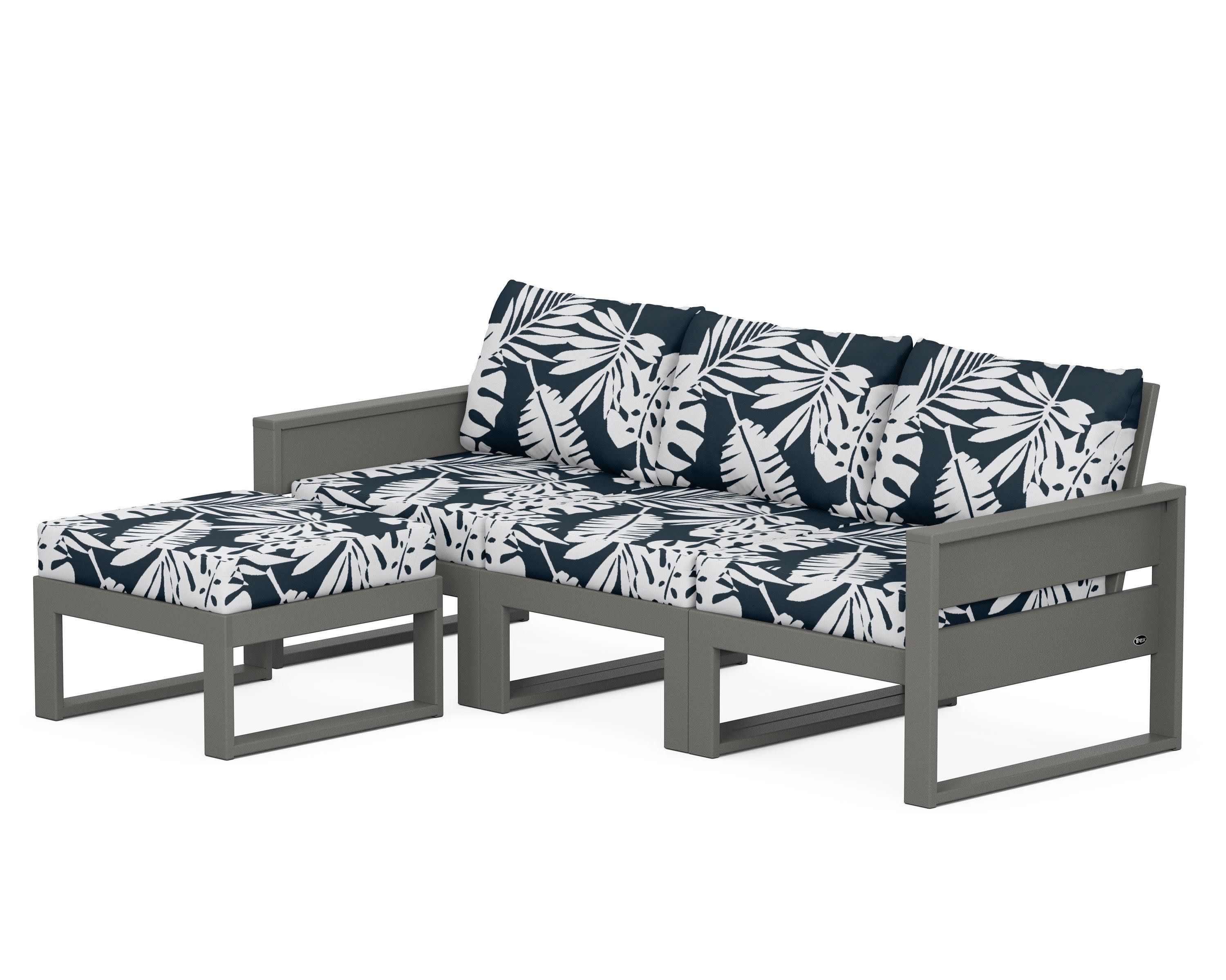 Eastport 4- Piece Sectional with Ottoman in Stepping Stone / Leaf Marine Indigo