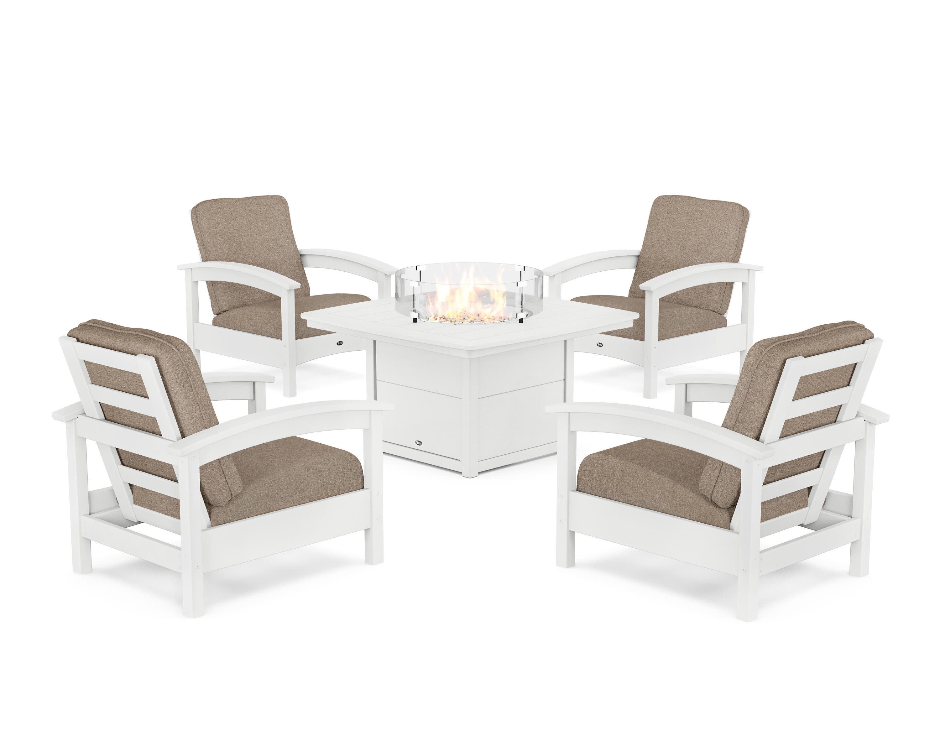 Rockport 5-Piece Deep Seating Set with Yacht Club Fire Pit Table in Classic White / Spiced Burlap