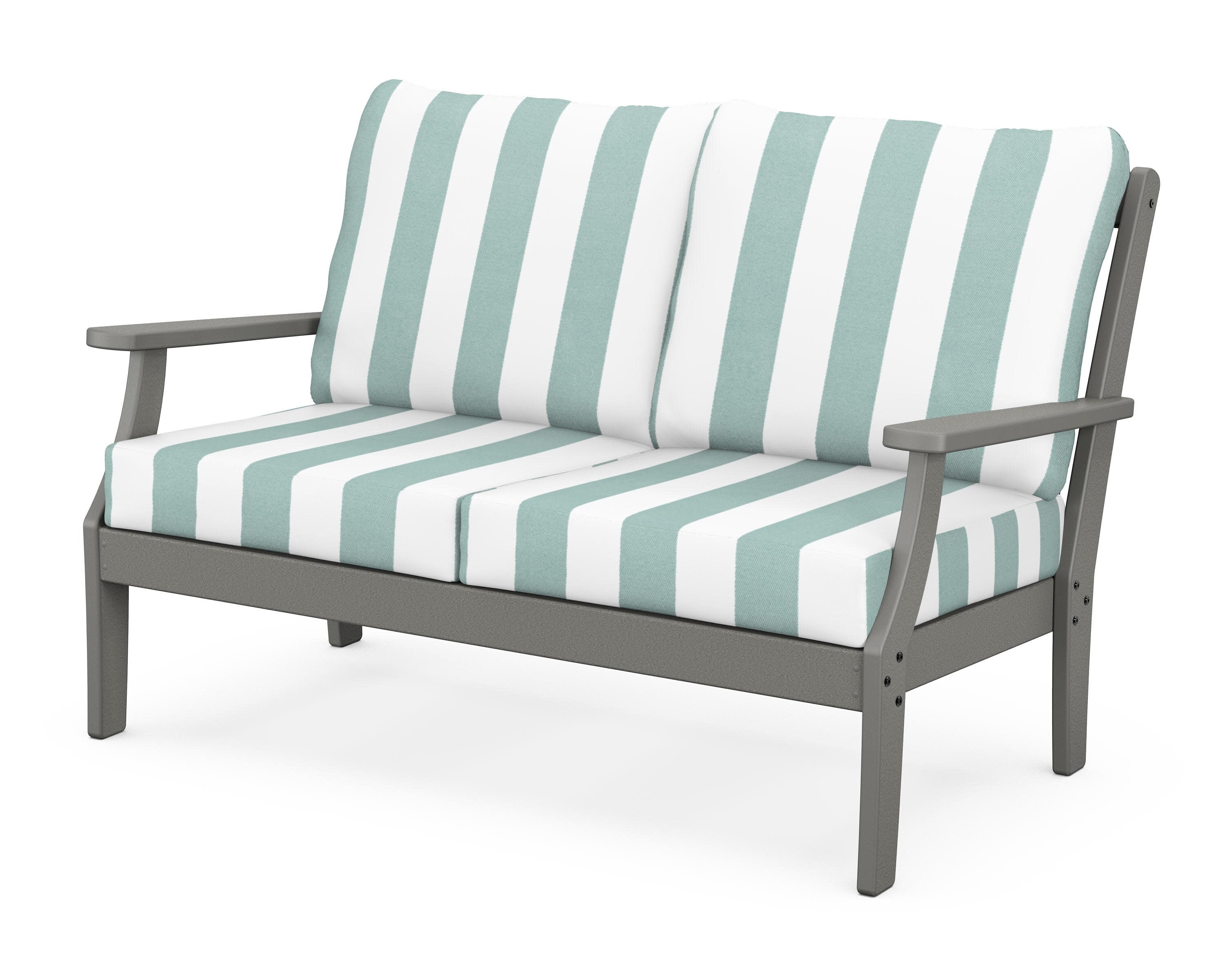 Yacht Club Deep Seating Loveseat in Stepping Stone / Cabana Stripe Glacier Spa