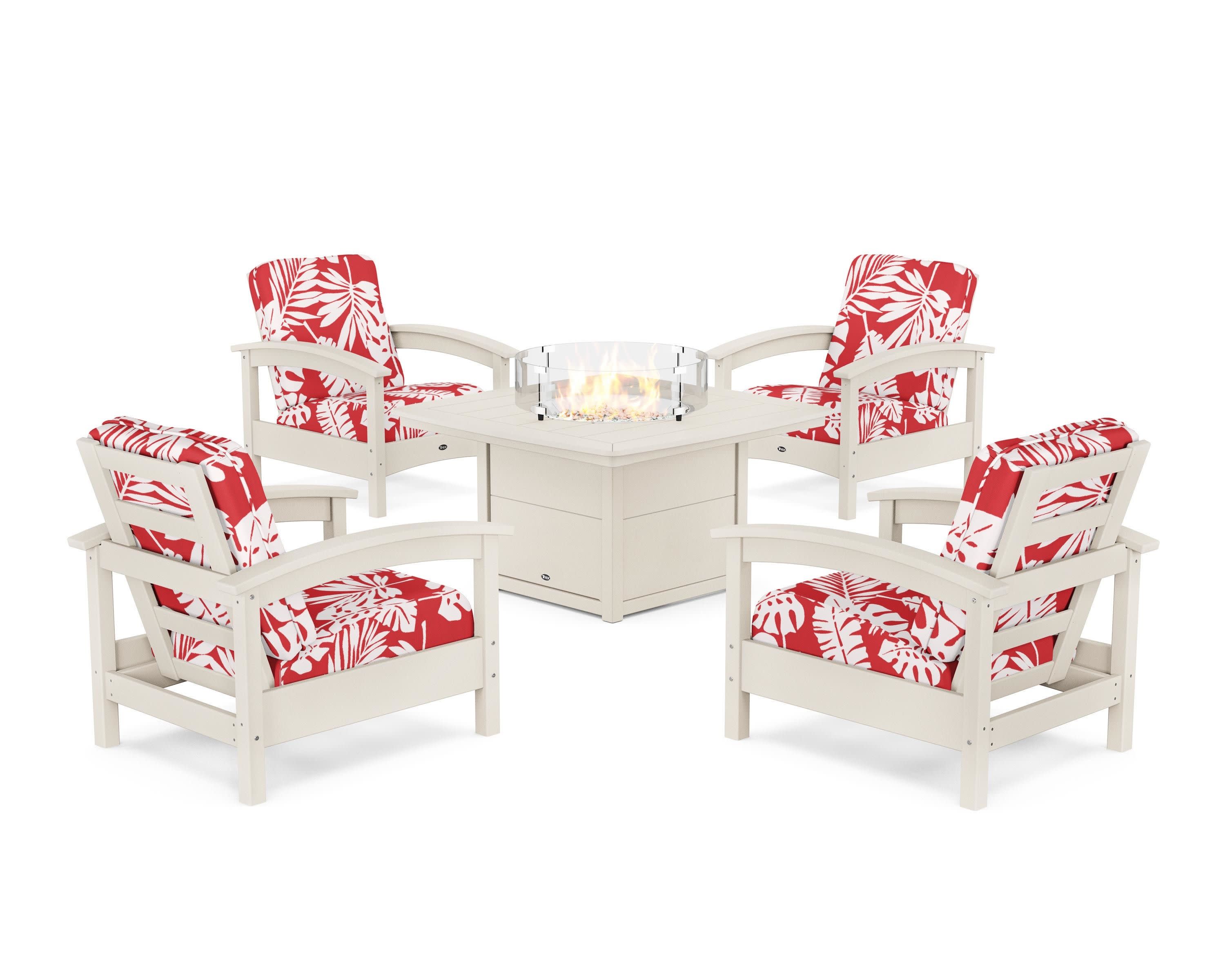 Rockport 5-Piece Deep Seating Set with Yacht Club Fire Pit Table in Sand Castle / Leaf Crimson