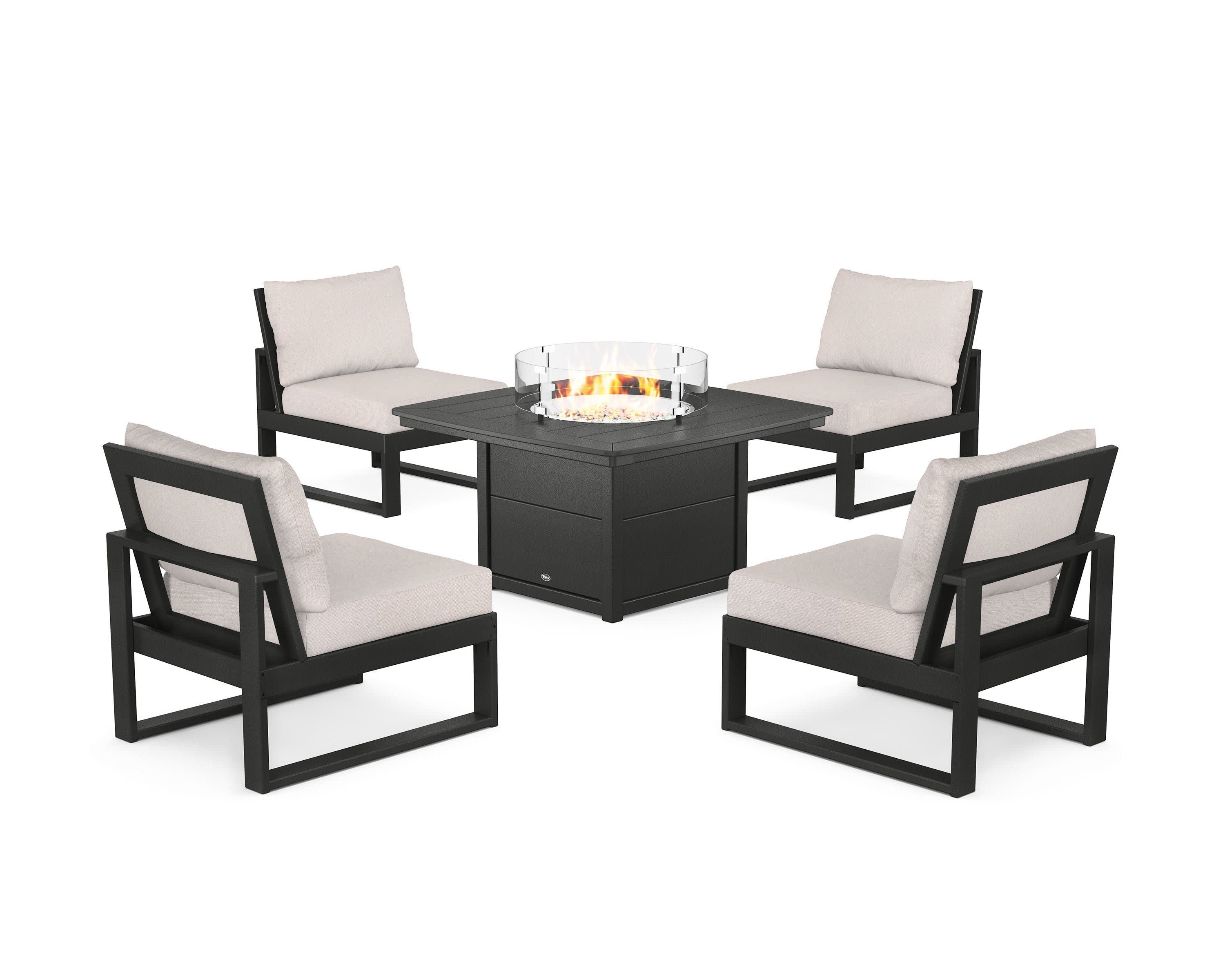Eastport Modular 5-Piece Deep Seating Set with Yacht Club Fire Pit Table in Charcoal Black / Dune Burlap