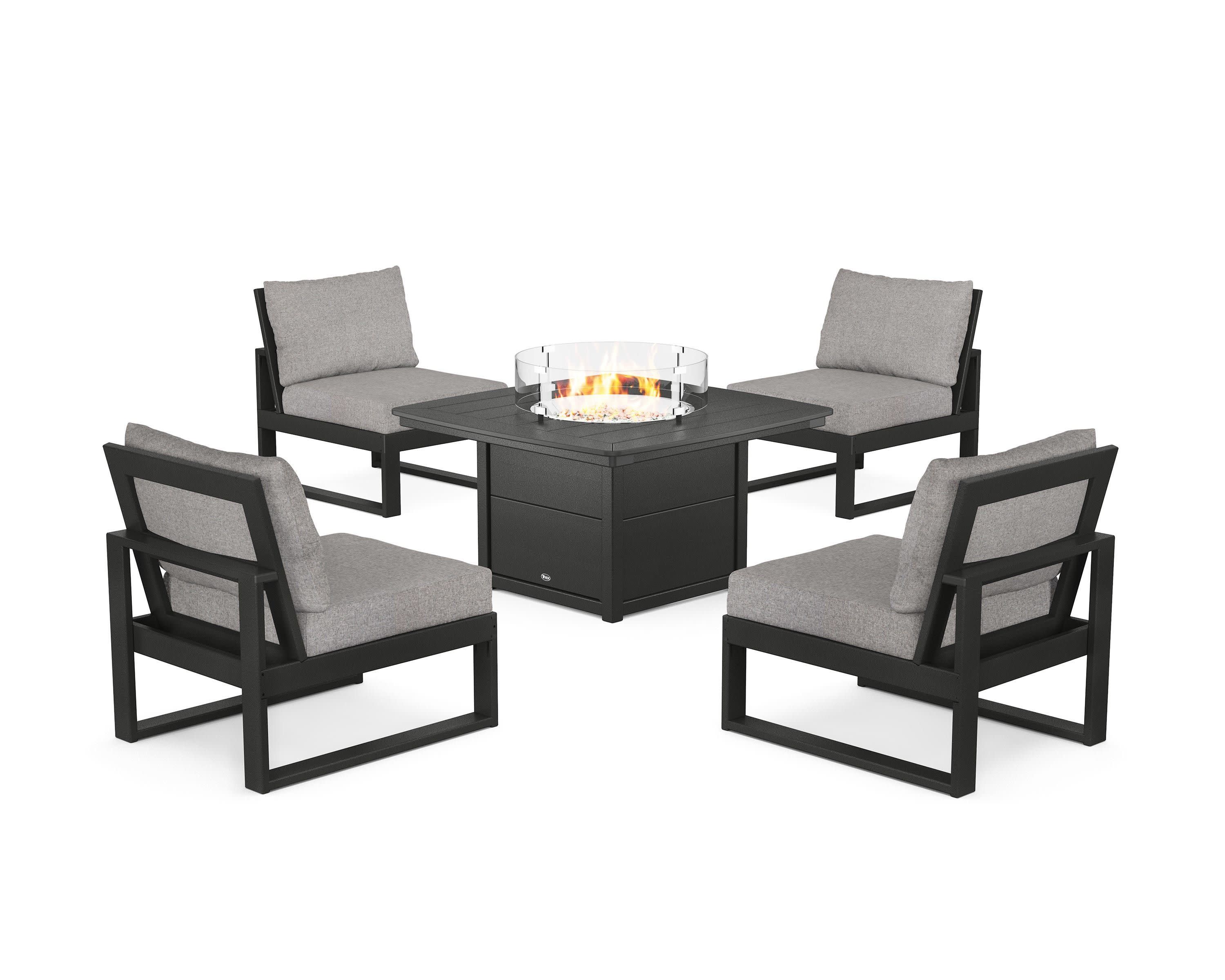 Eastport Modular 5-Piece Deep Seating Set with Yacht Club Fire Pit Table in Charcoal Black / Grey Mist