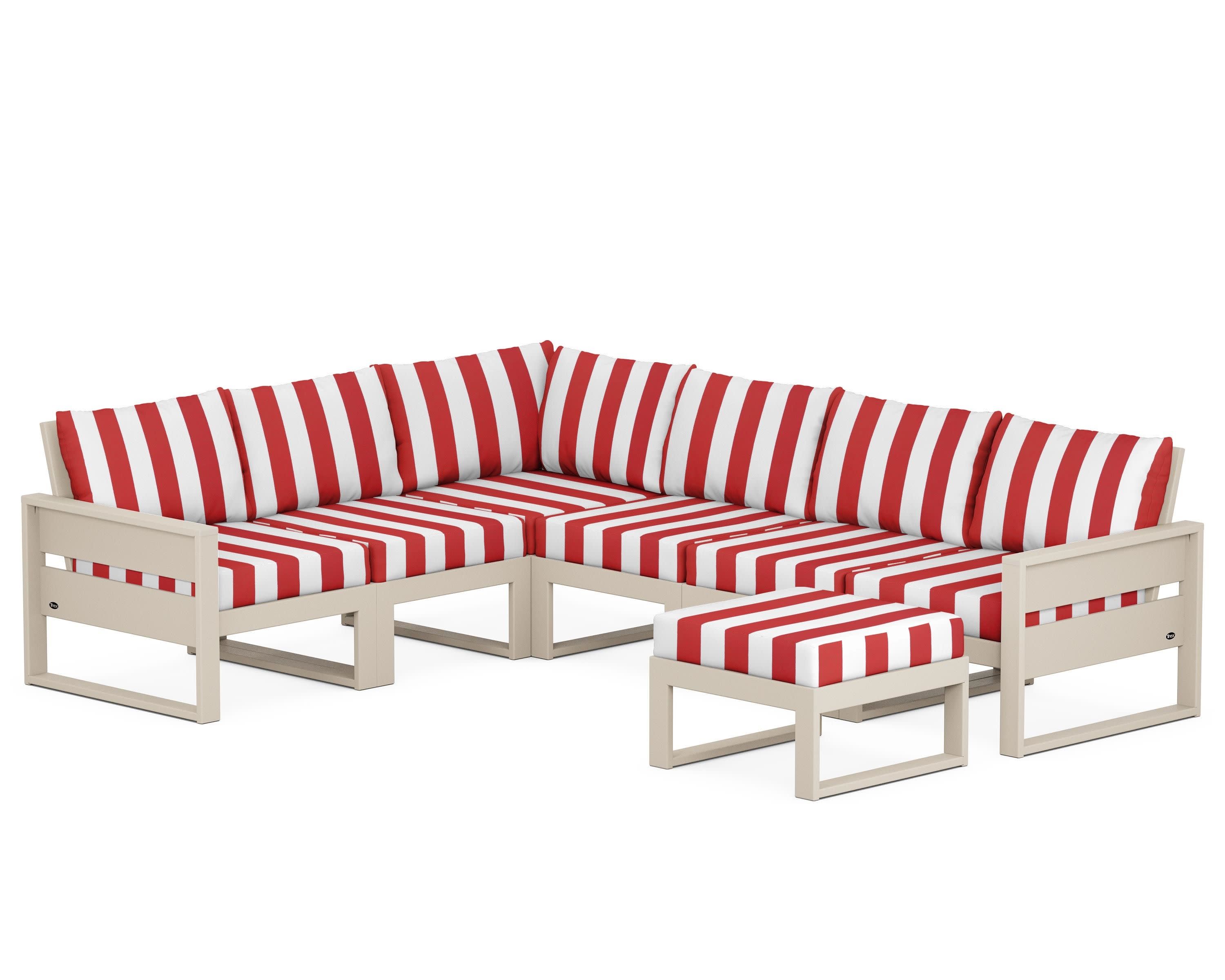Eastport 6-Piece Sectional with Ottoman in Sand Castle / Cabana Stripe Crimson