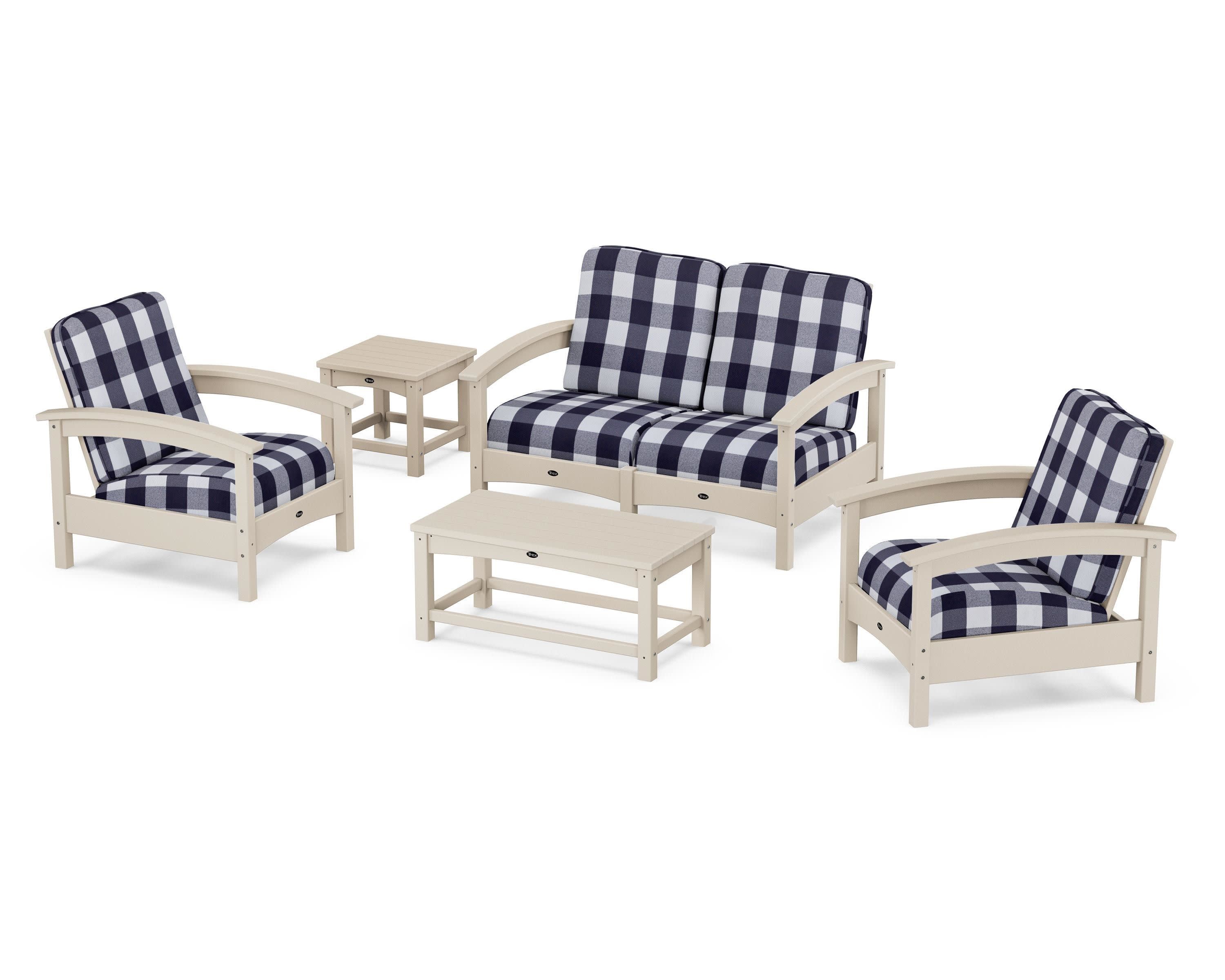 Rockport Club 6-Piece Deep Seating Conversation Set in Sand Castle / Buffalo Plaid Navy
