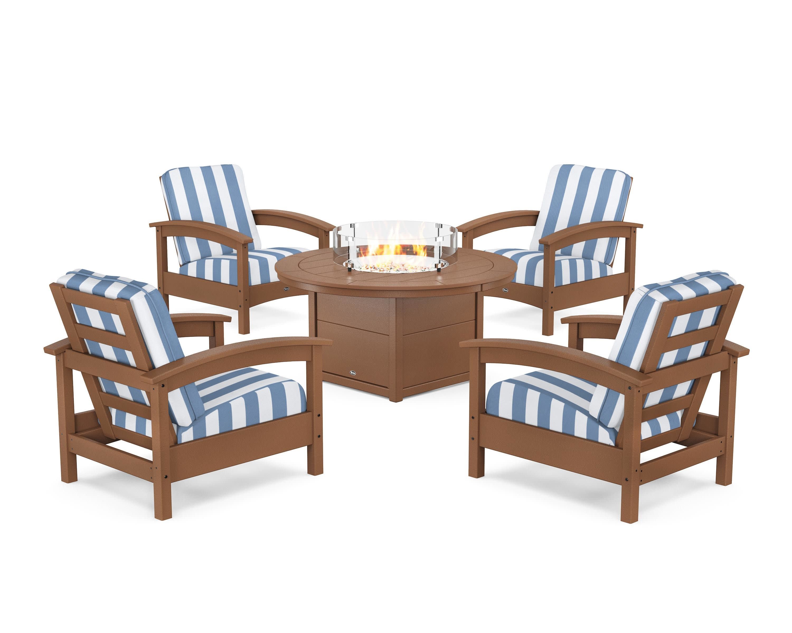 Rockport 5-Piece Deep Seating Set with Round Fire Pit Table in Tree House / Cabana Stripe Sky Blue