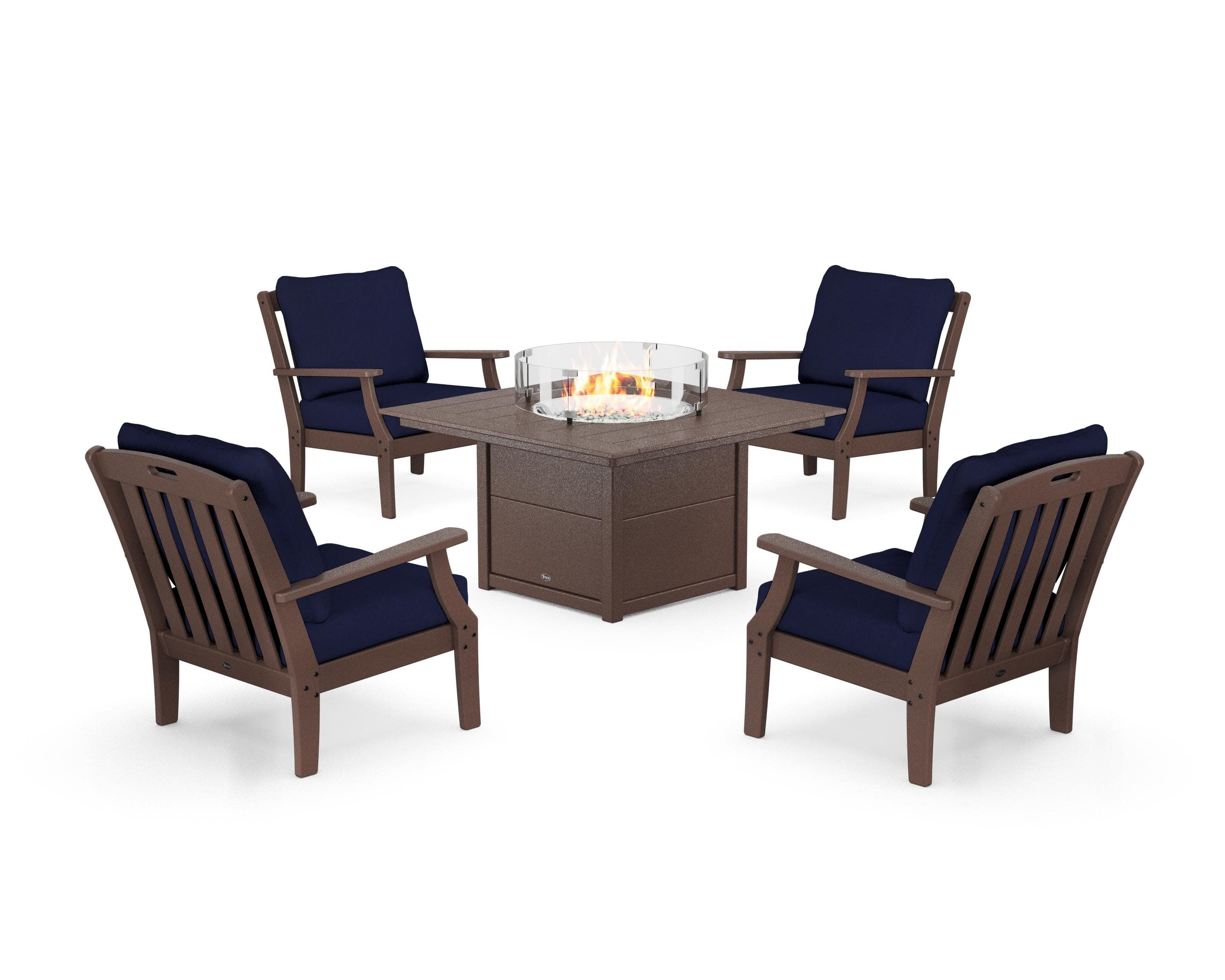 Yacht Club 5-Piece Deep Seating Set with Square Fire Pit Table in Vintage Lantern / Navy