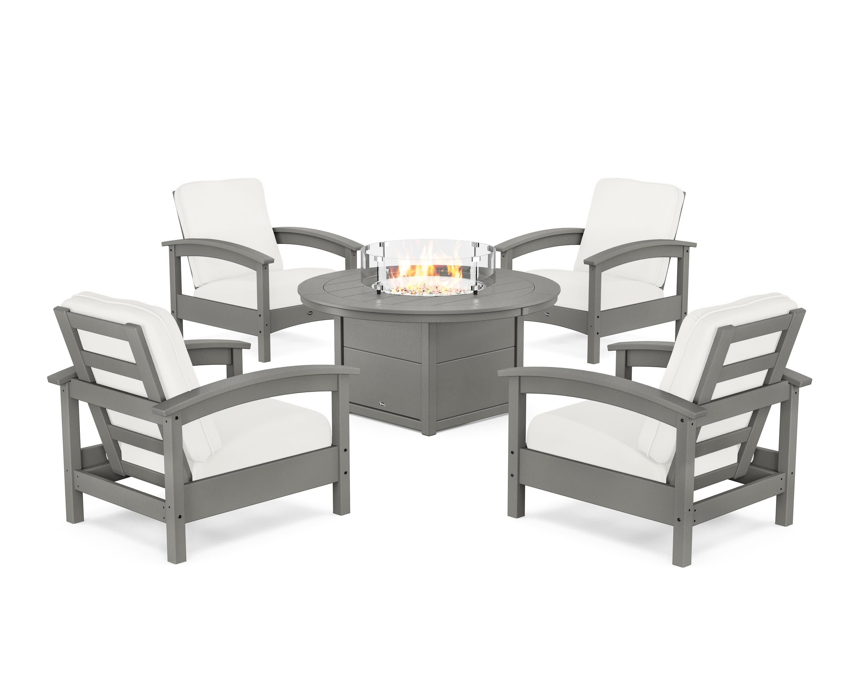 Rockport 5-Piece Deep Seating Set with Round Fire Pit Table in Stepping Stone / Natural Linen