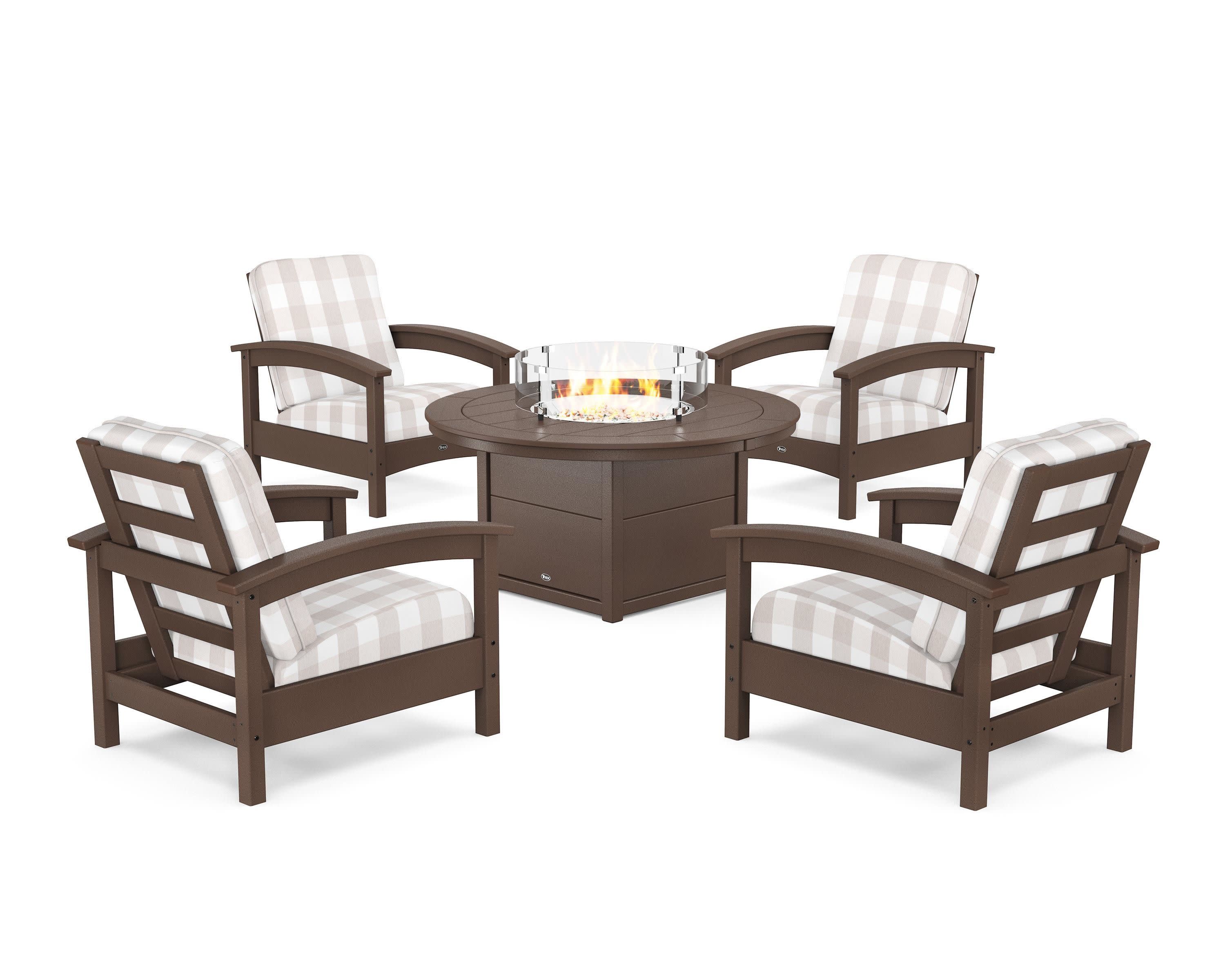 Rockport 5-Piece Deep Seating Set with Round Fire Pit Table in Vintage Lantern / Buffalo Plaid Dune Burlap