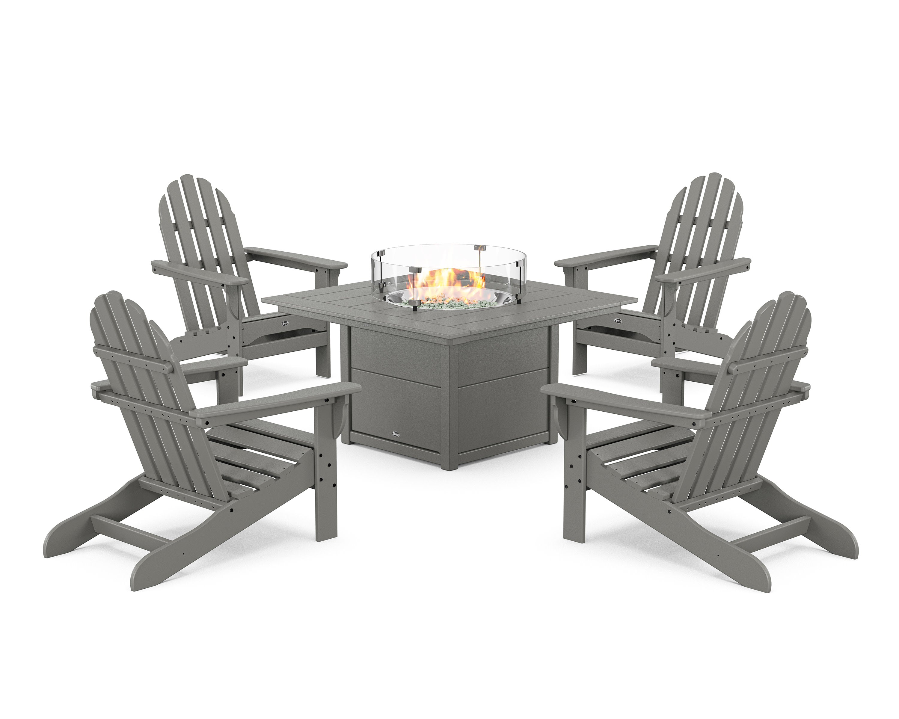 Cape Cod Adirondack 5-Piece Set with Square Fire Pit Table in Stepping Stone
