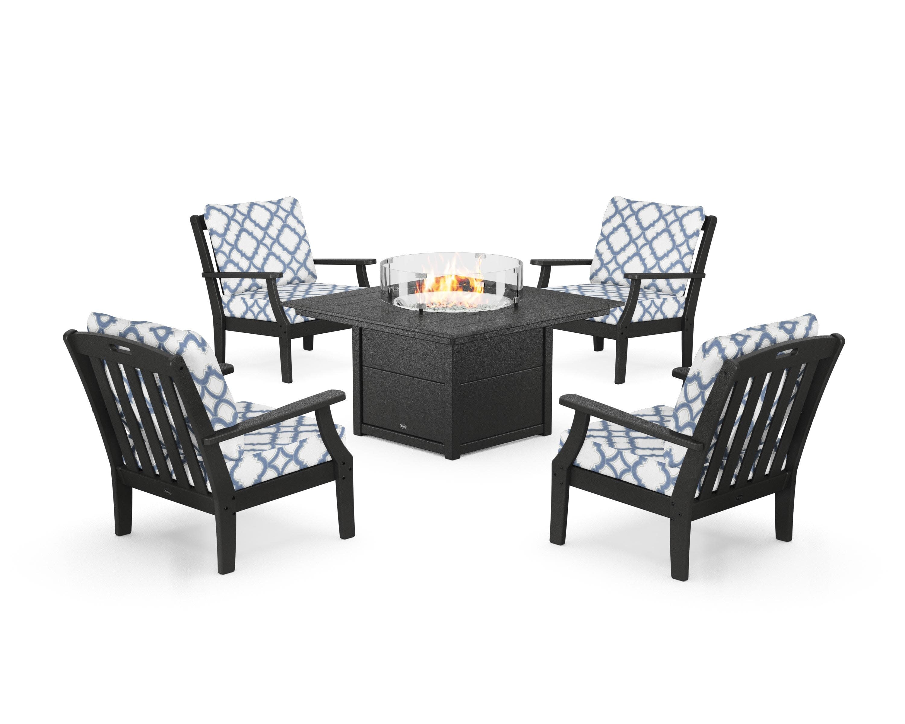 Yacht Club 5-Piece Deep Seating Set with Square Fire Pit Table in Charcoal Black / Trellis Sky Blue