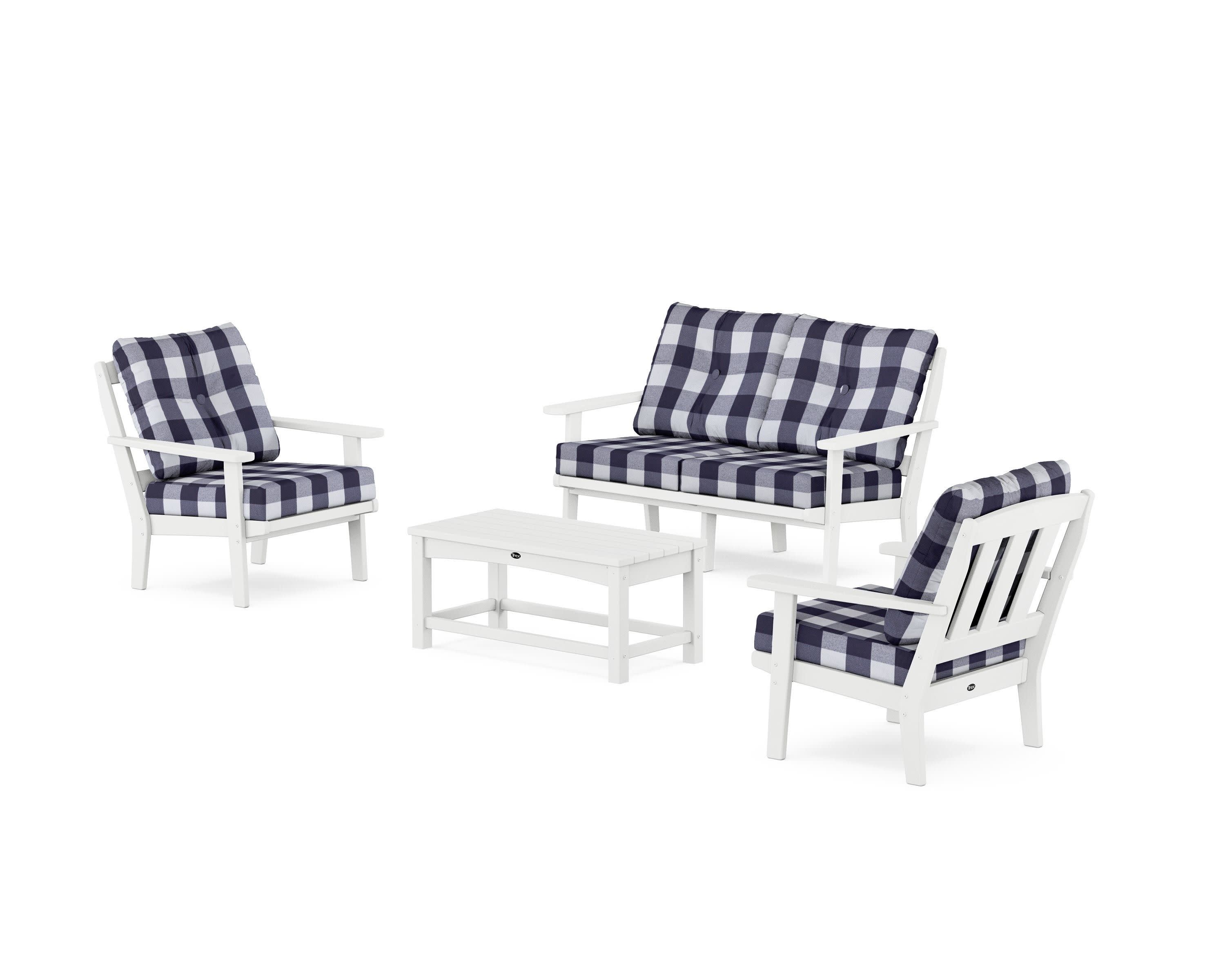 Cape Cod 4-Piece Deep Seating Set with Loveseat in Classic White / Buffalo Plaid Navy