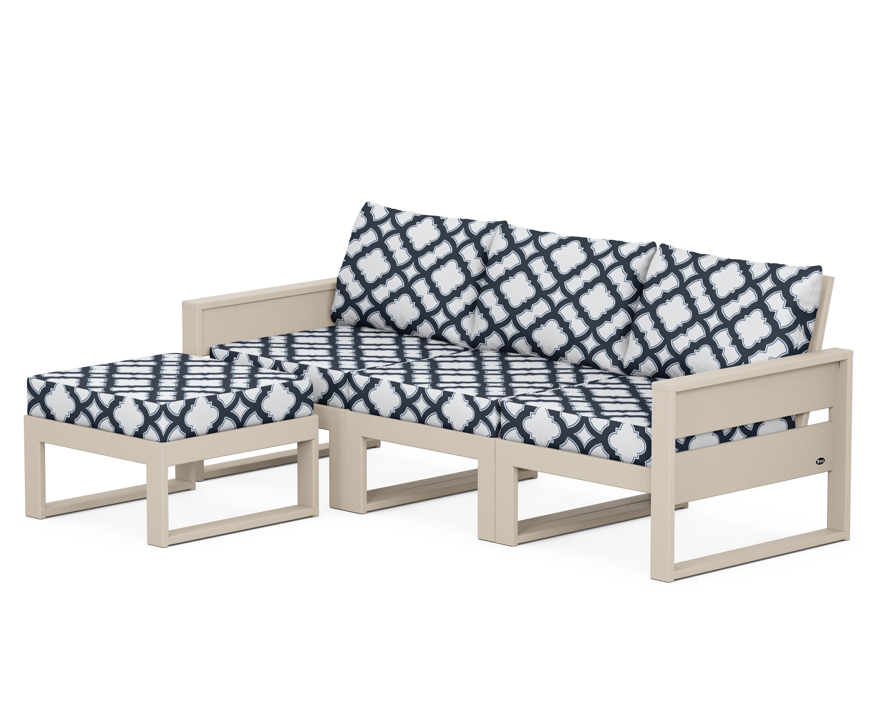 Eastport 4- Piece Sectional with Ottoman in Sand Castle / Trellis Marine Indigo