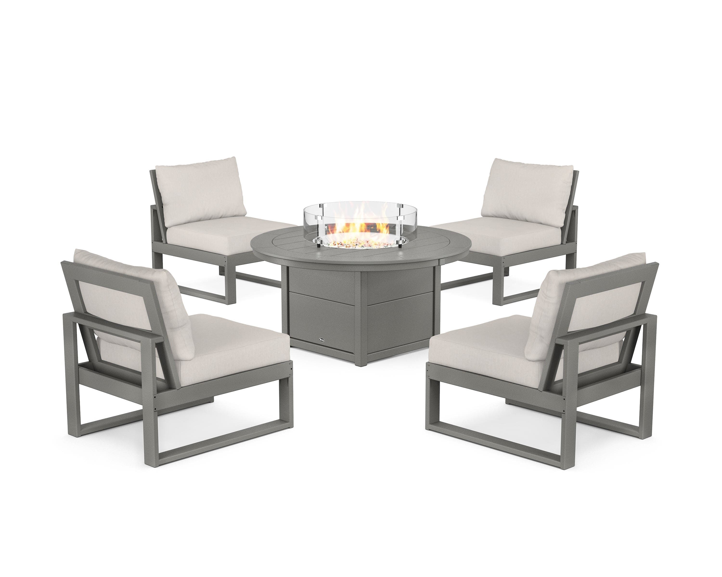 Eastport Modular 5-Piece Deep Seating Set with Round Fire Pit Table in Stepping Stone / Cast Ash