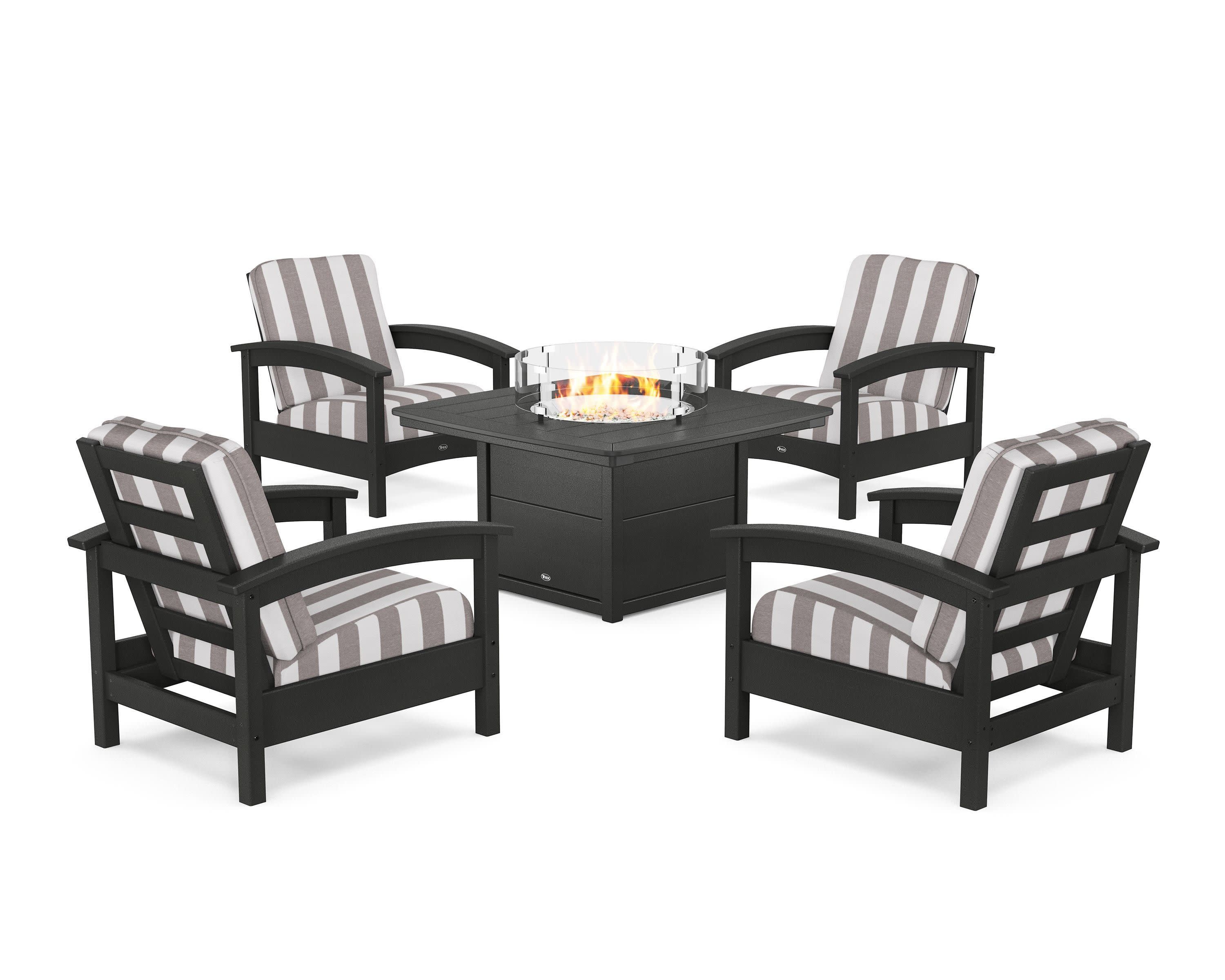 Rockport 5-Piece Deep Seating Set with Yacht Club Fire Pit Table in Charcoal Black / Cabana Stripe Grey Mist