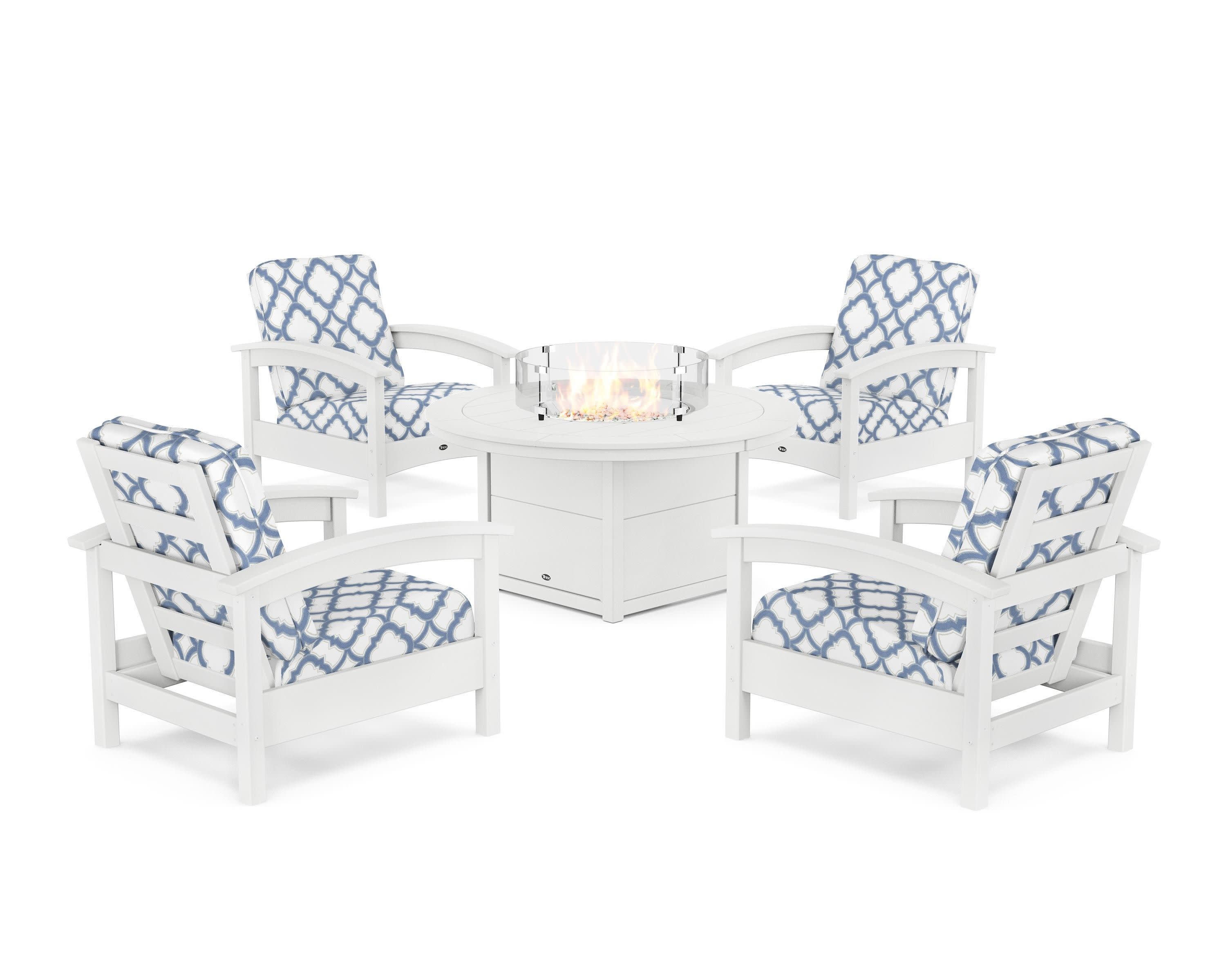 Rockport 5-Piece Deep Seating Set with Round Fire Pit Table in Classic White / Trellis Sky Blue