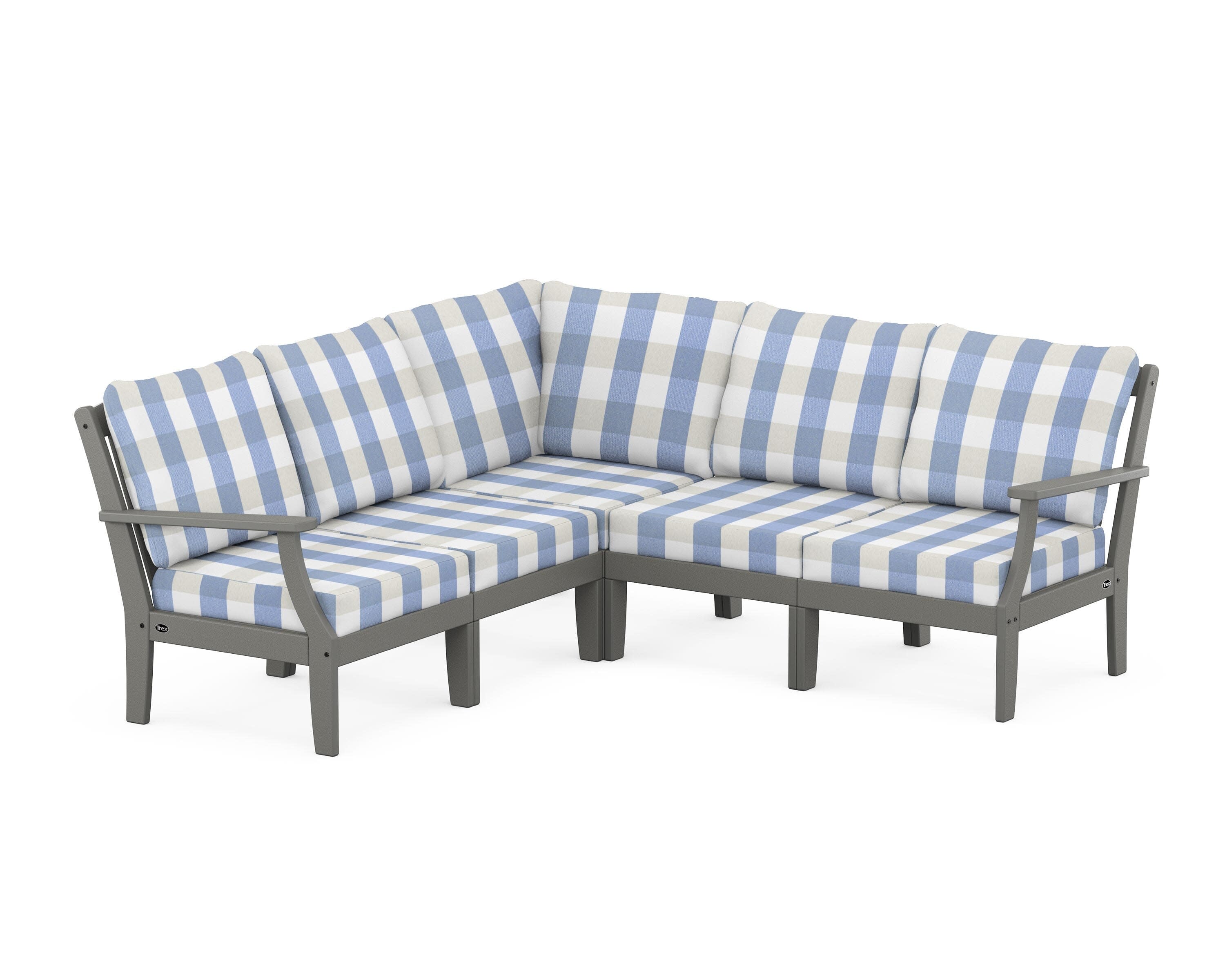 Yacht Club Modular 5-Piece Deep Seating Set in Stepping Stone / Buffalo Plaid Sky Blue