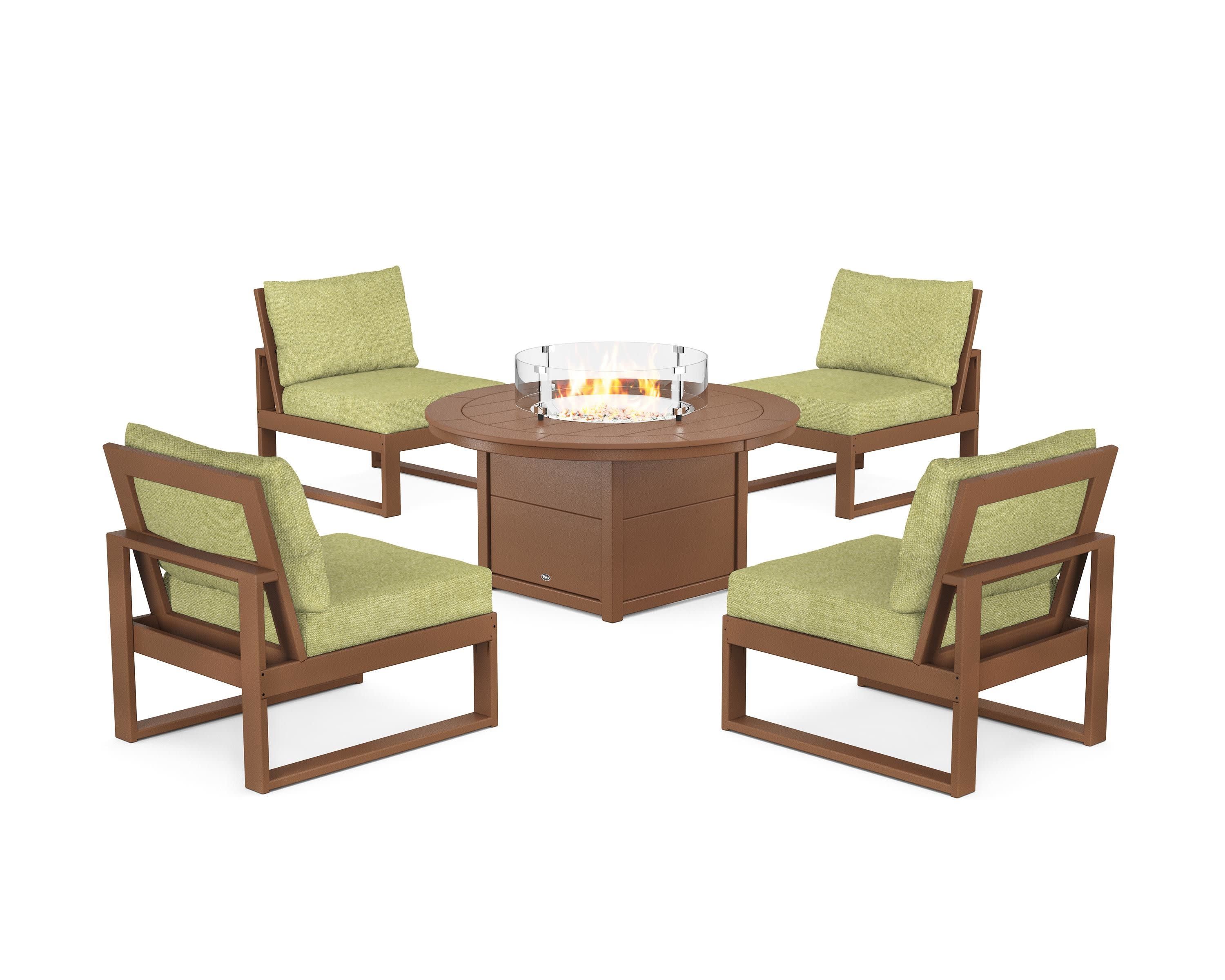Eastport Modular 5-Piece Deep Seating Set with Round Fire Pit Table in Tree House / Chartreuse Boucle