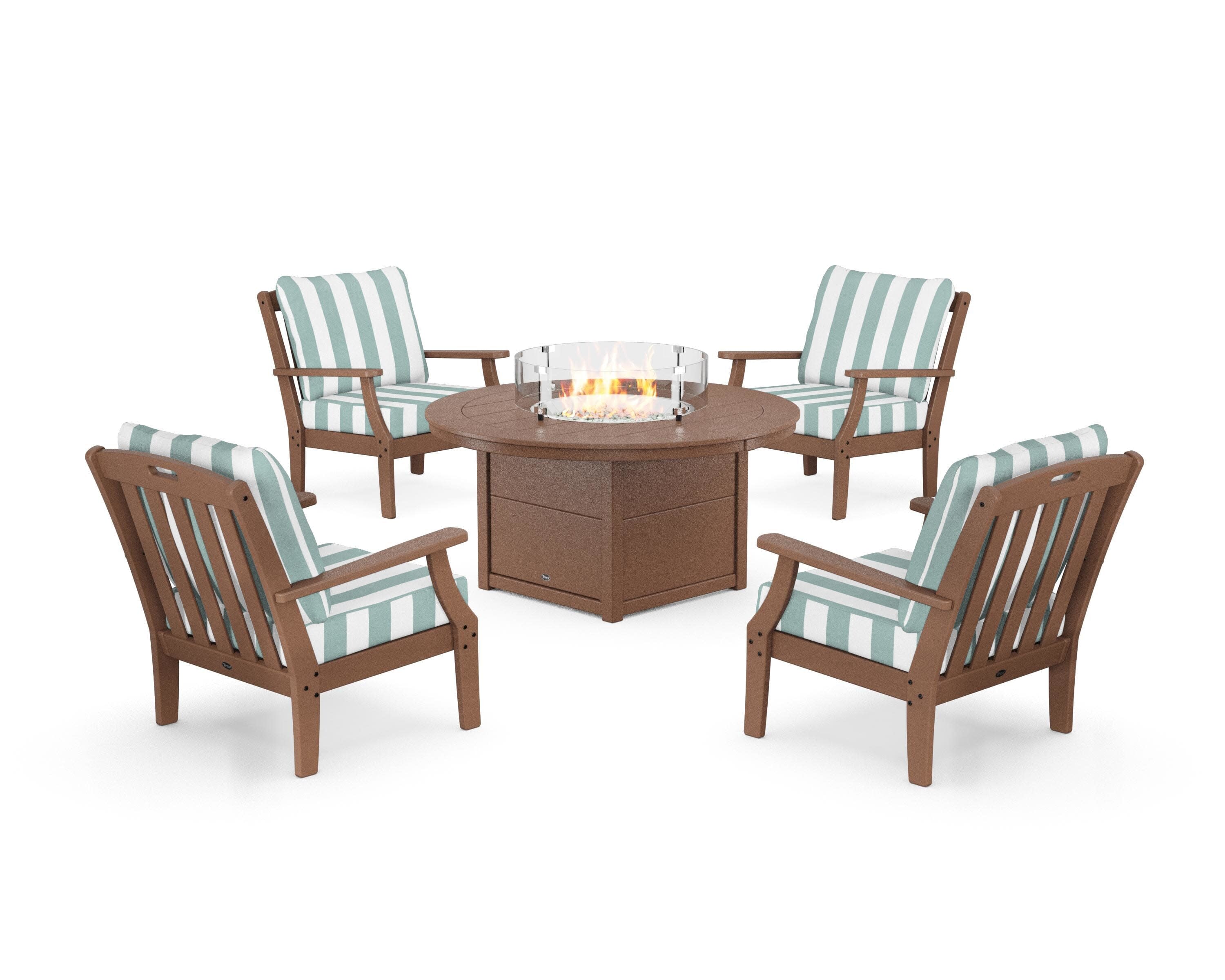 Yacht Club 5-Piece Deep Seating Set with Round Fire Pit Table in Tree House / Cabana Stripe Glacier Spa