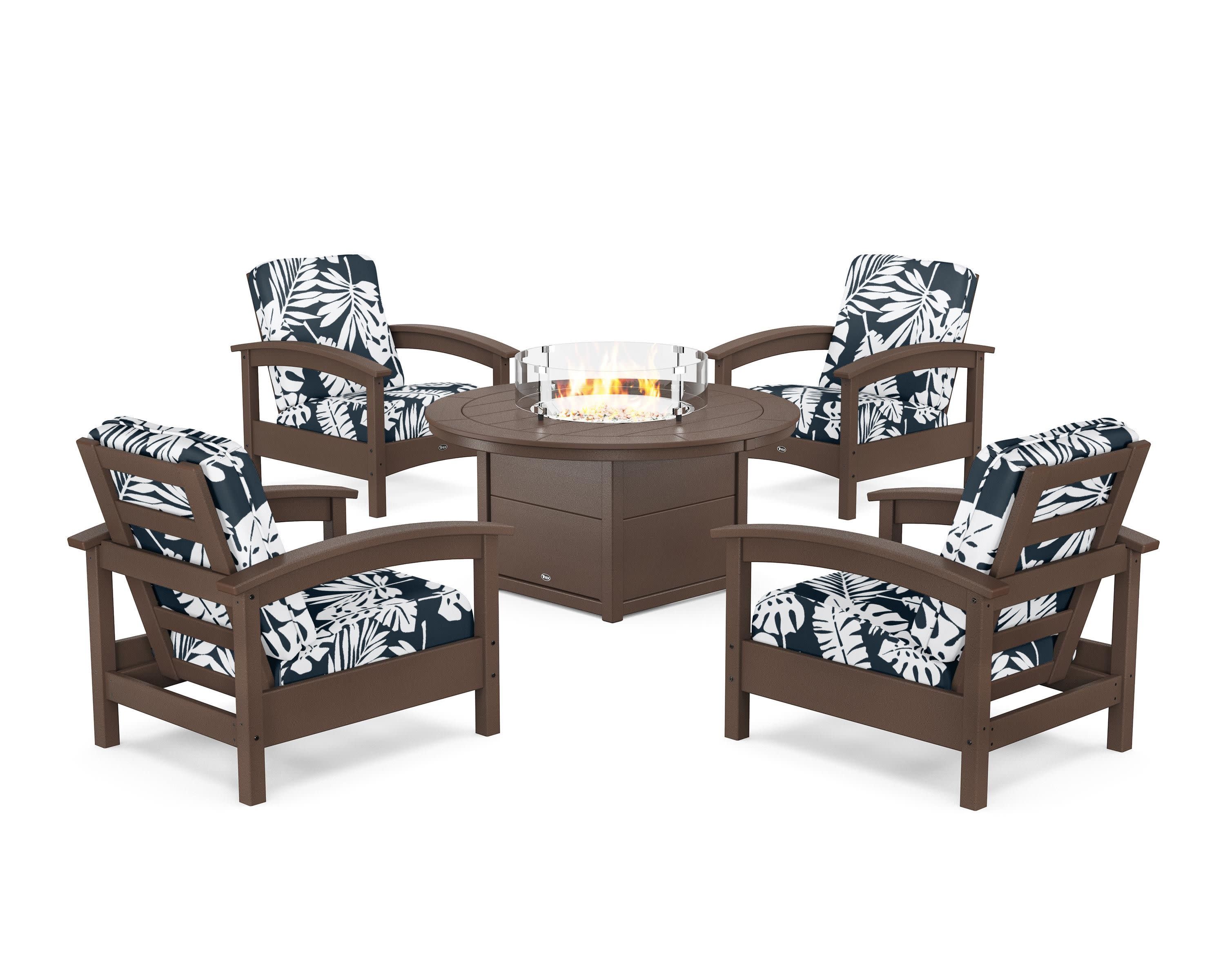 Rockport 5-Piece Deep Seating Set with Round Fire Pit Table in Vintage Lantern / Leaf Marine Indigo