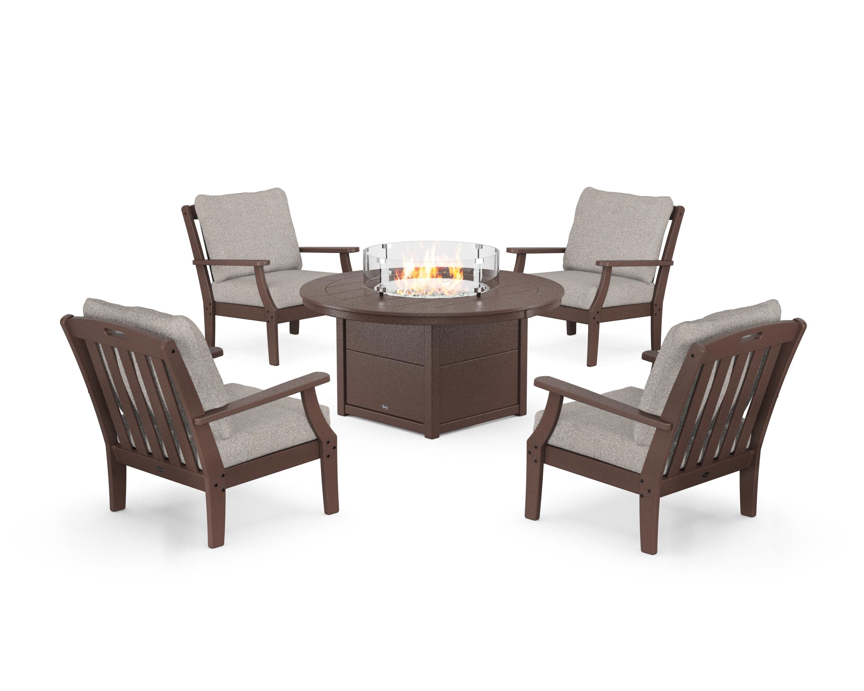 Yacht Club 5-Piece Deep Seating Set with Round Fire Pit Table in Vintage Lantern / Weathered Tweed
