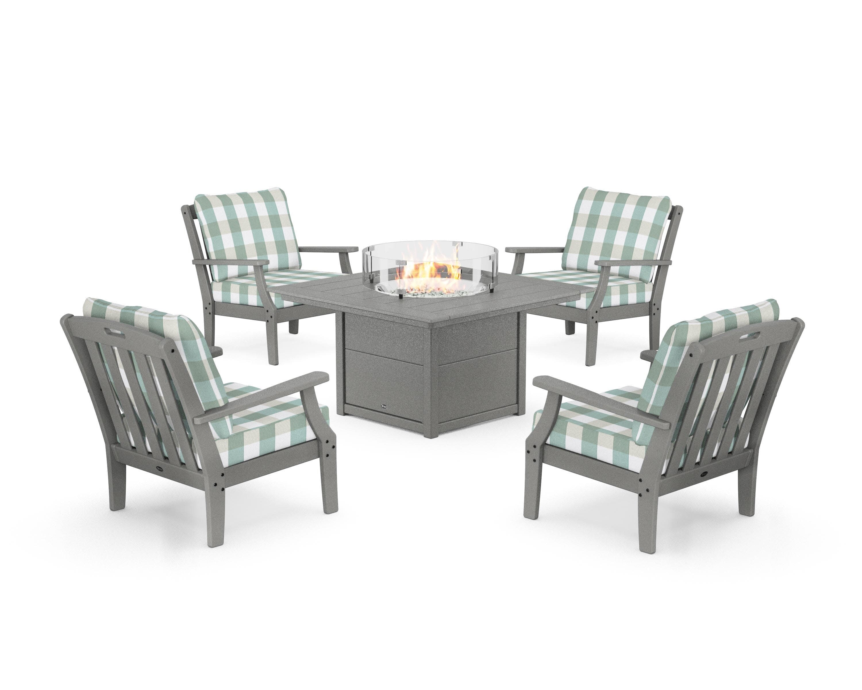 Yacht Club 5-Piece Deep Seating Set with Square Fire Pit Table in Stepping Stone / Buffalo Plaid Glacier Spa