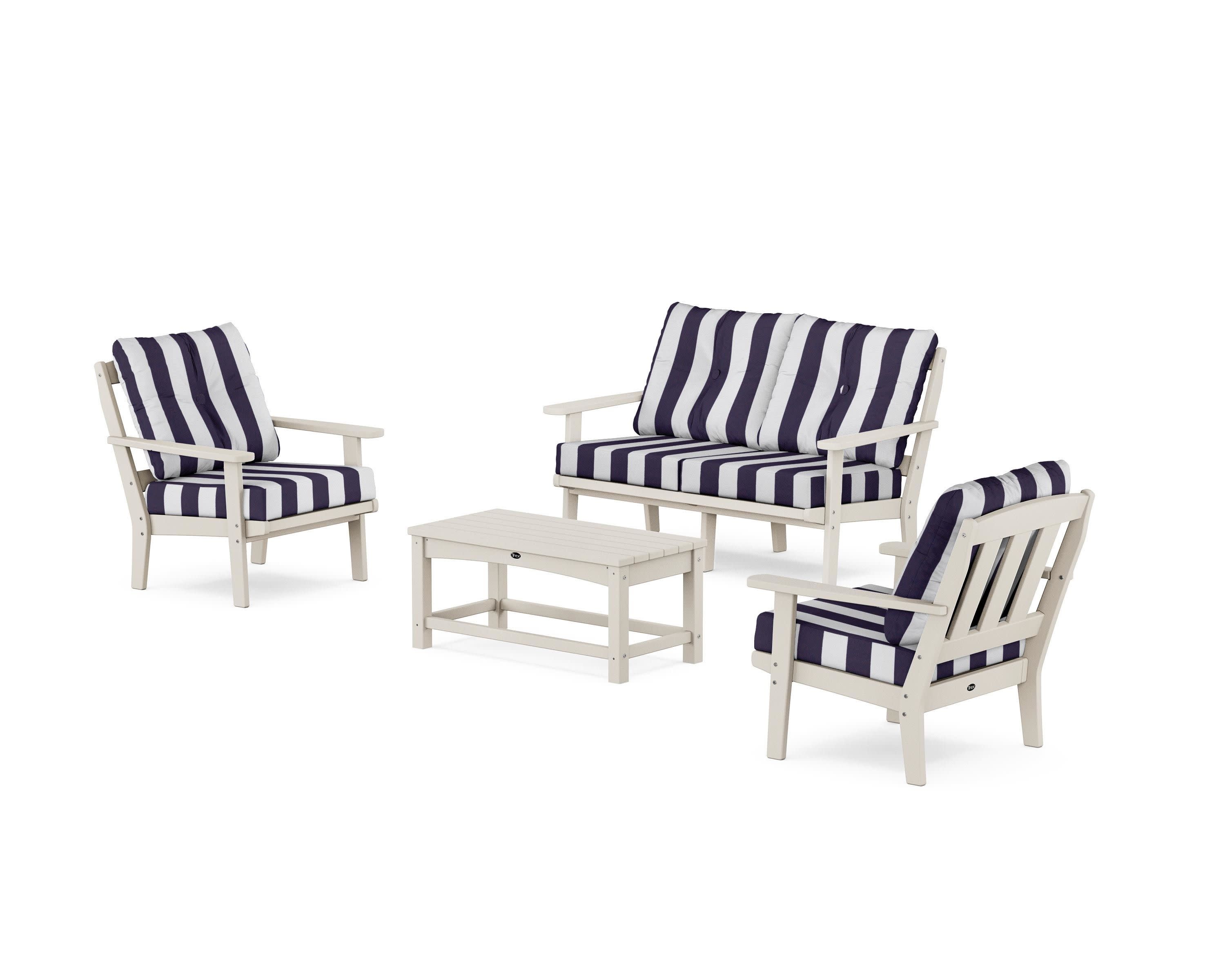 Cape Cod 4-Piece Deep Seating Set with Loveseat in Sand Castle / Cabana Stripe Navy
