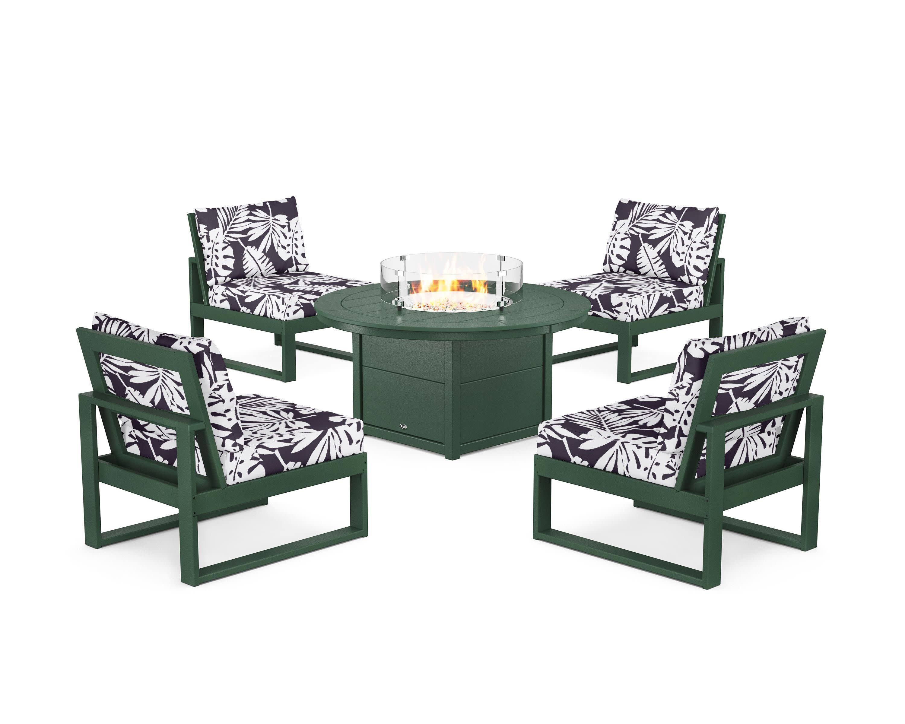Eastport Modular 5-Piece Deep Seating Set with Round Fire Pit Table in Rainforest Canopy / Leaf Navy