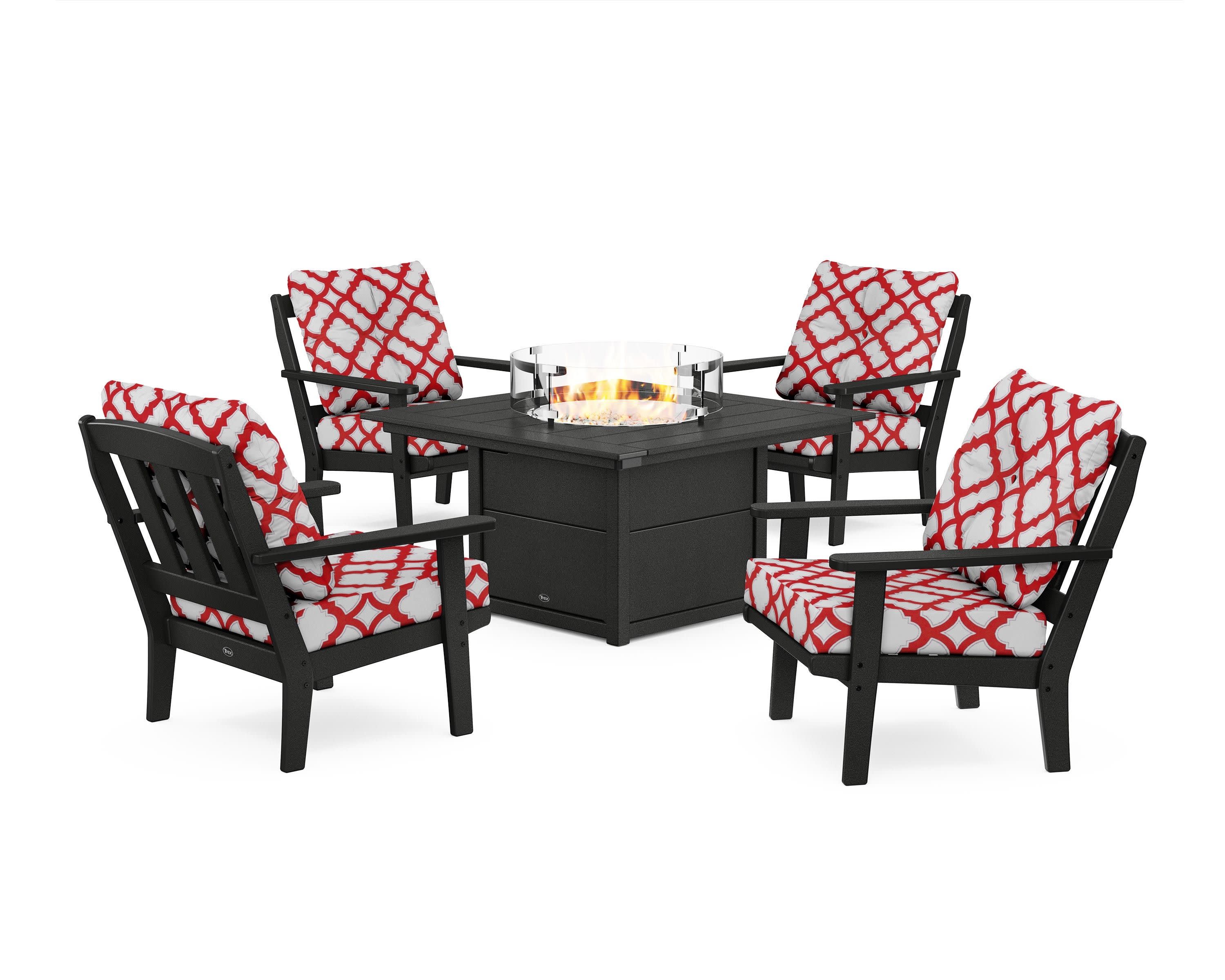 Cape Cod 5-Piece Deep Seating Set with Fire Pit Table in Charcoal Black / Trellis Crimson
