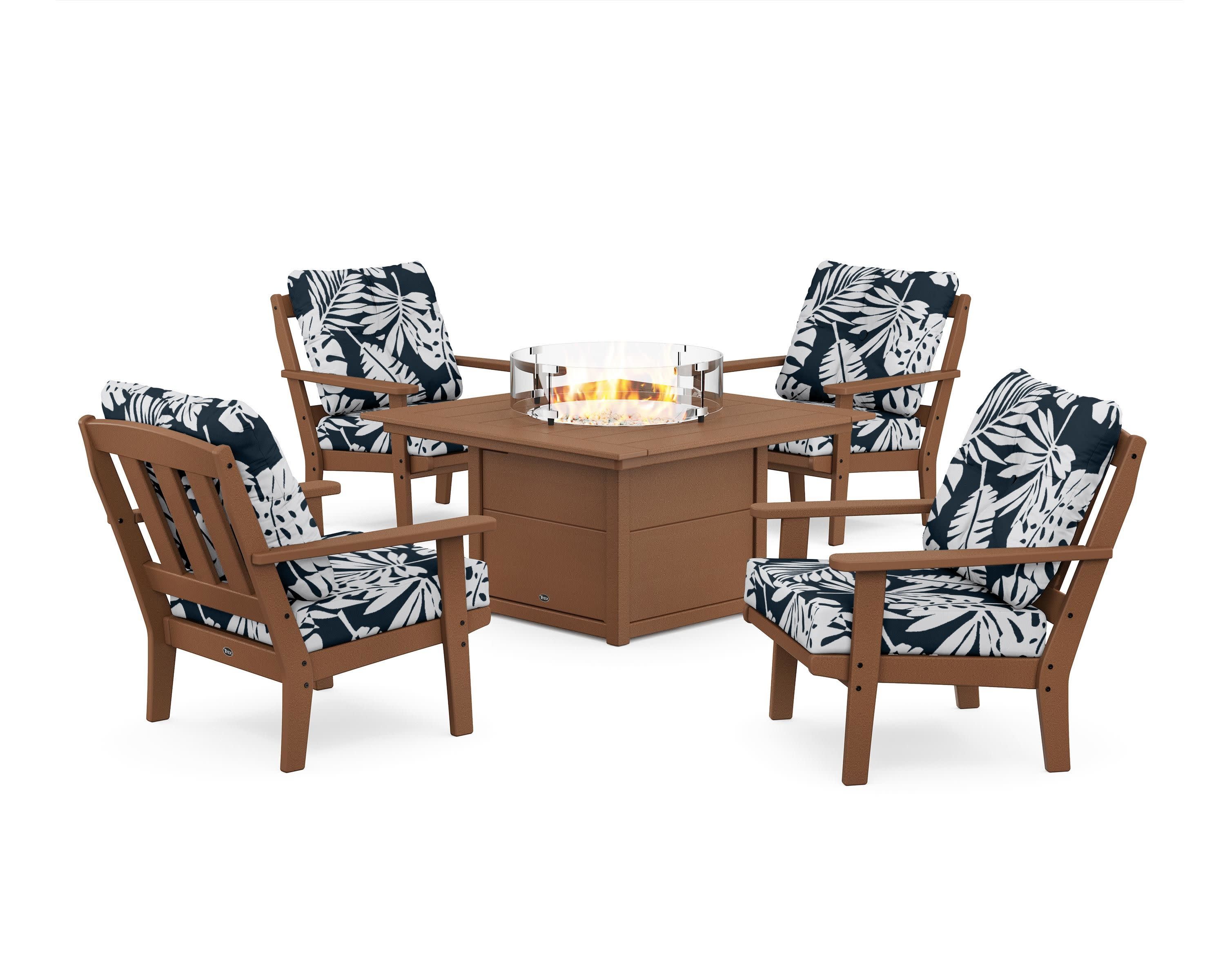 Cape Cod 5-Piece Deep Seating Set with Fire Pit Table in Tree House / Leaf Marine Indigo