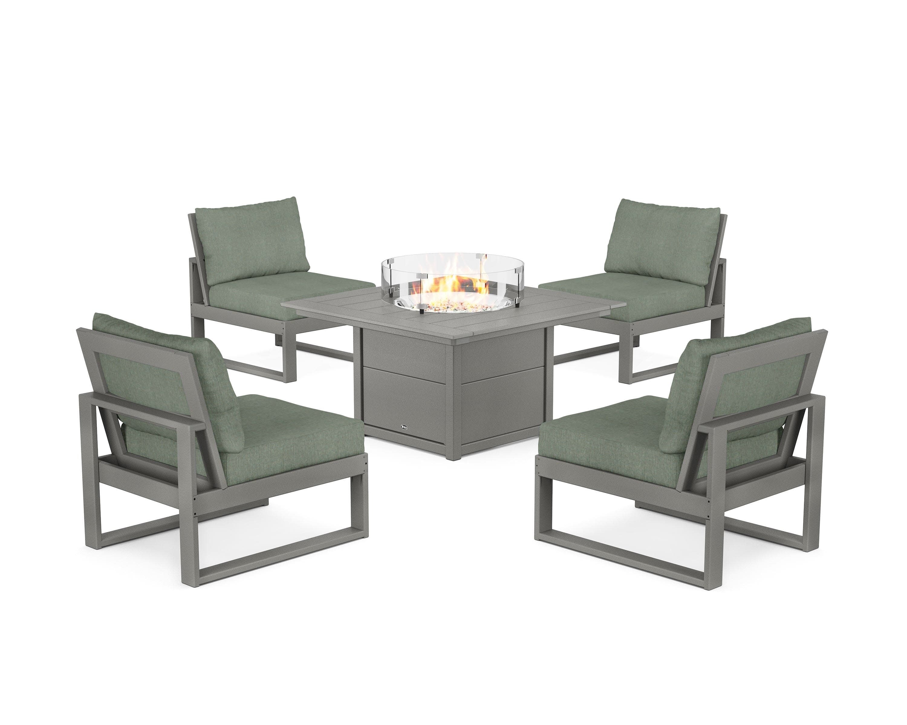 Eastport Modular 5-Piece Deep Seating Set with Square Fire Pit Table in Stepping Stone / Cast Sage