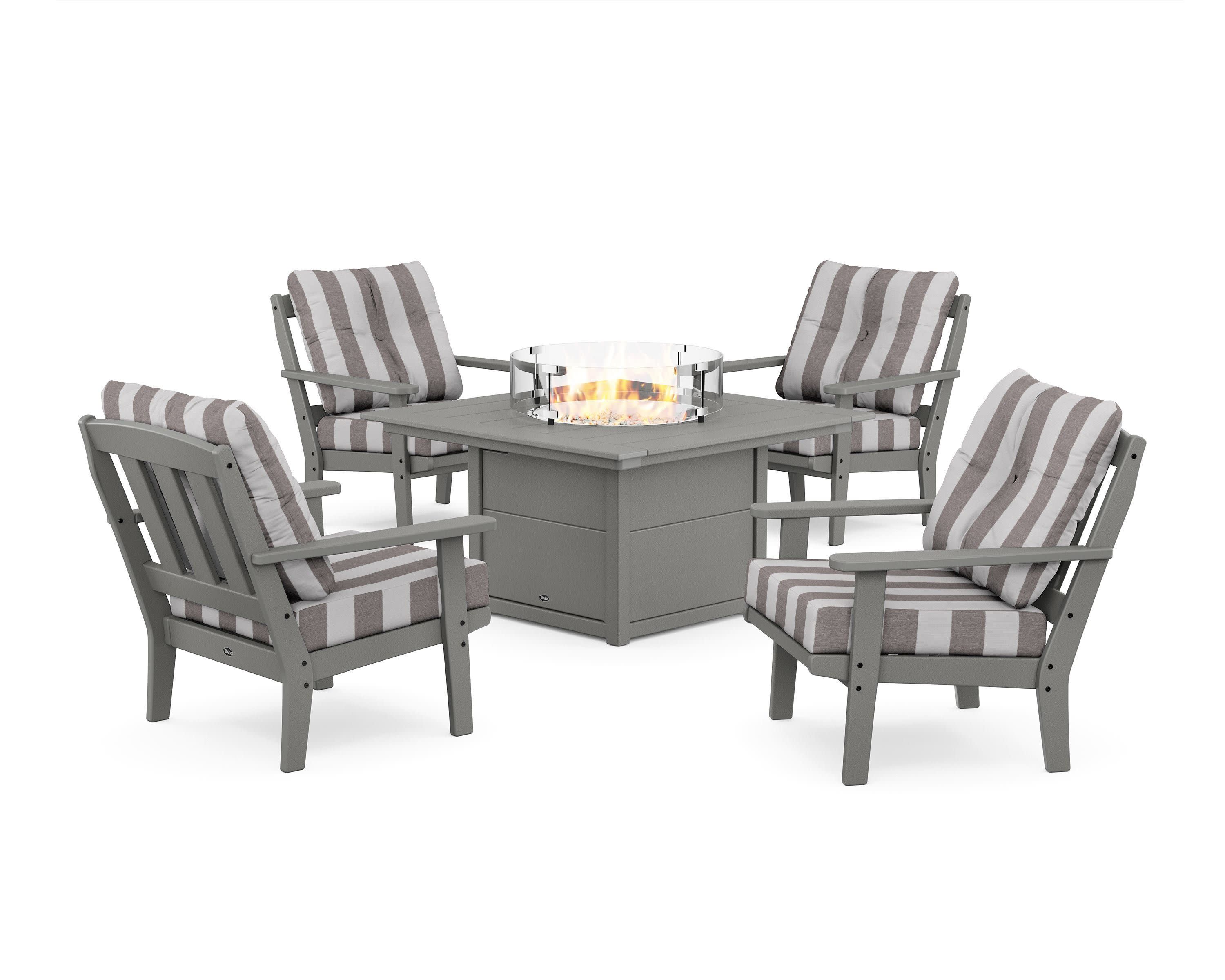 Cape Cod 5-Piece Deep Seating Set with Fire Pit Table in Stepping Stone / Cabana Stripe Grey Mist