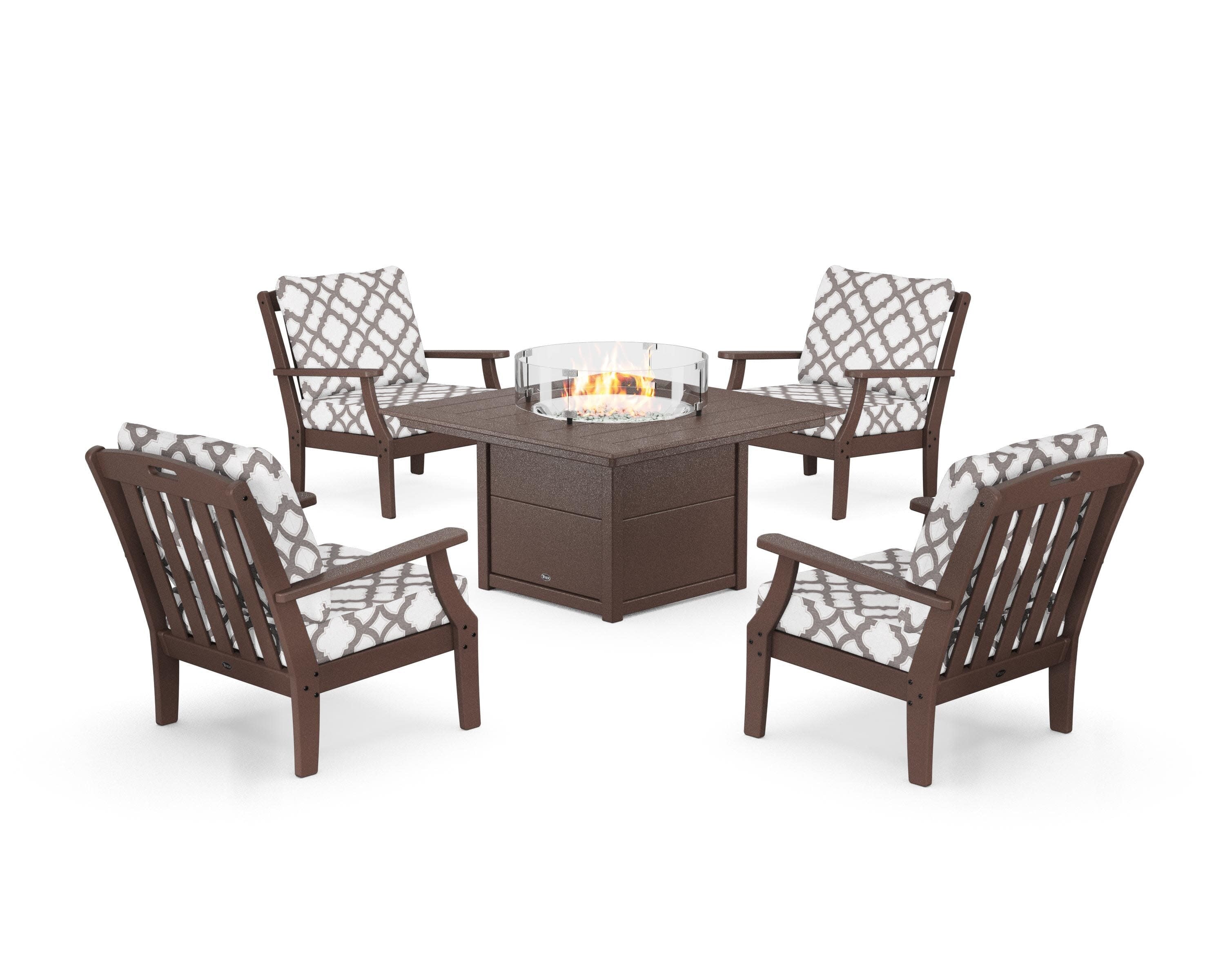 Yacht Club 5-Piece Deep Seating Set with Square Fire Pit Table in Vintage Lantern / Trellis Grey Mist