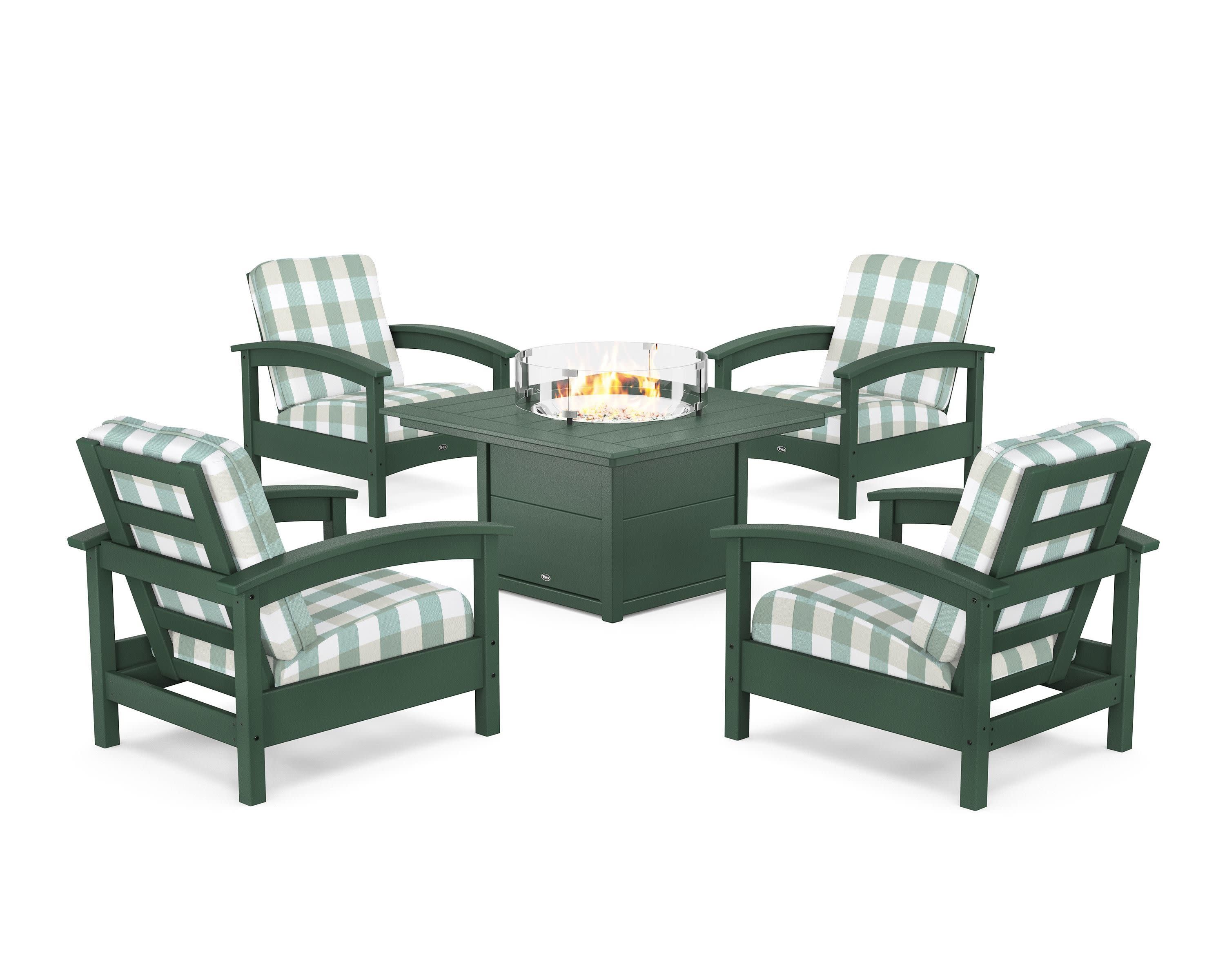 Rockport 5-Piece Deep Seating Set with Square Fire Pit Table in Rainforest Canopy / Buffalo Plaid Glacier Spa