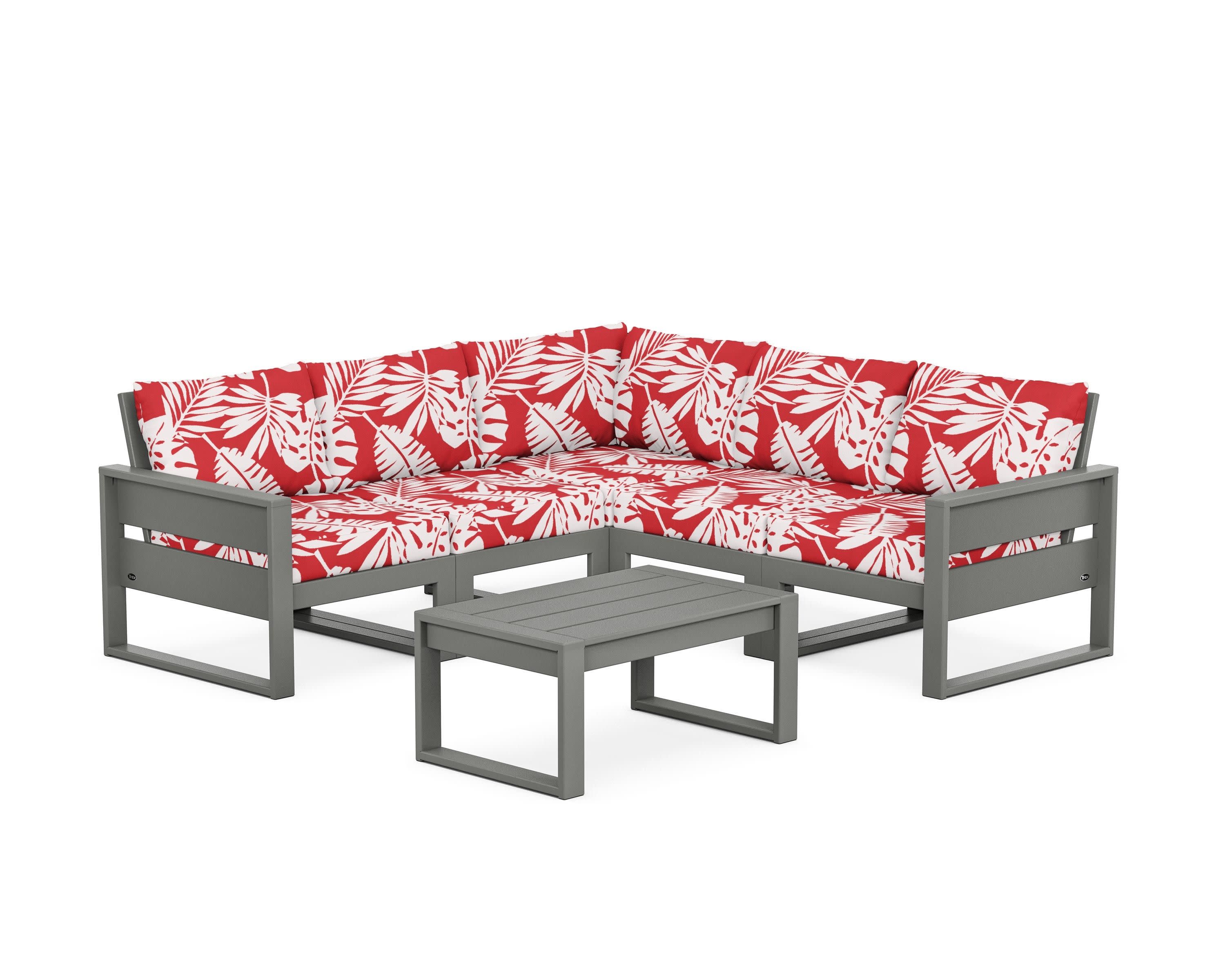 Eastport 6-Piece Deep Seating Sectional + Coffee Table Set in Stepping Stone / Leaf Crimson