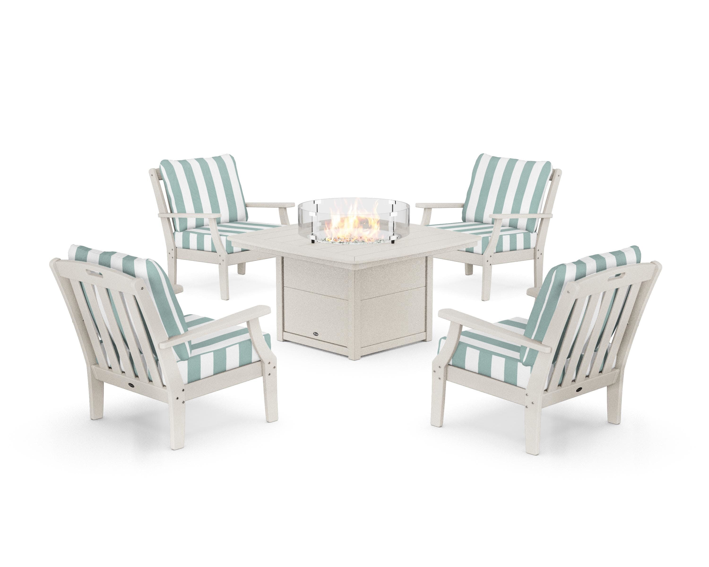 Yacht Club 5-Piece Deep Seating Set with Fire Pit Table in Sand Castle / Cabana Stripe Glacier Spa