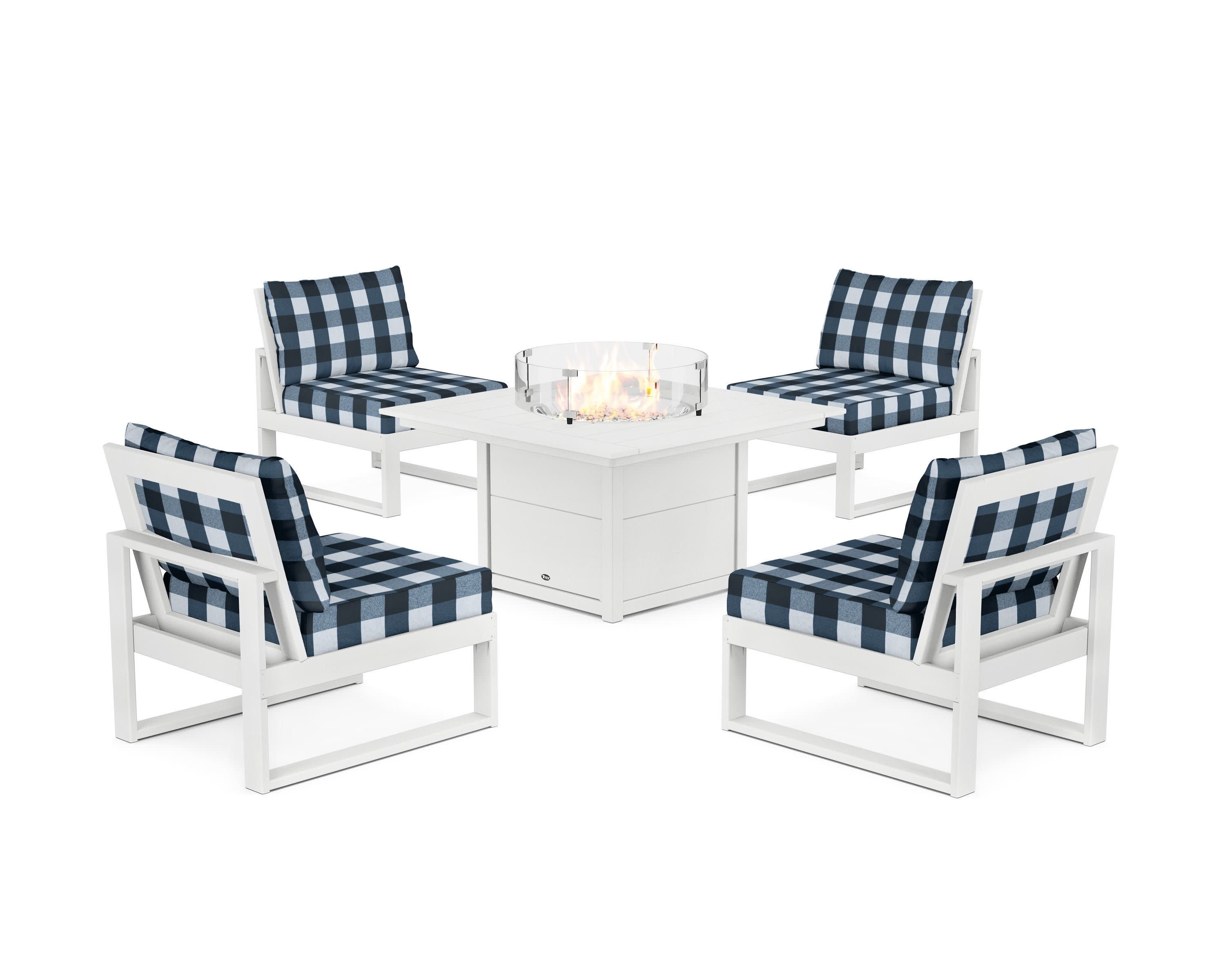 Eastport Modular 5-Piece Deep Seating Set with Square Fire Pit Table in Classic White / Buffalo Plaid Marine Indigo