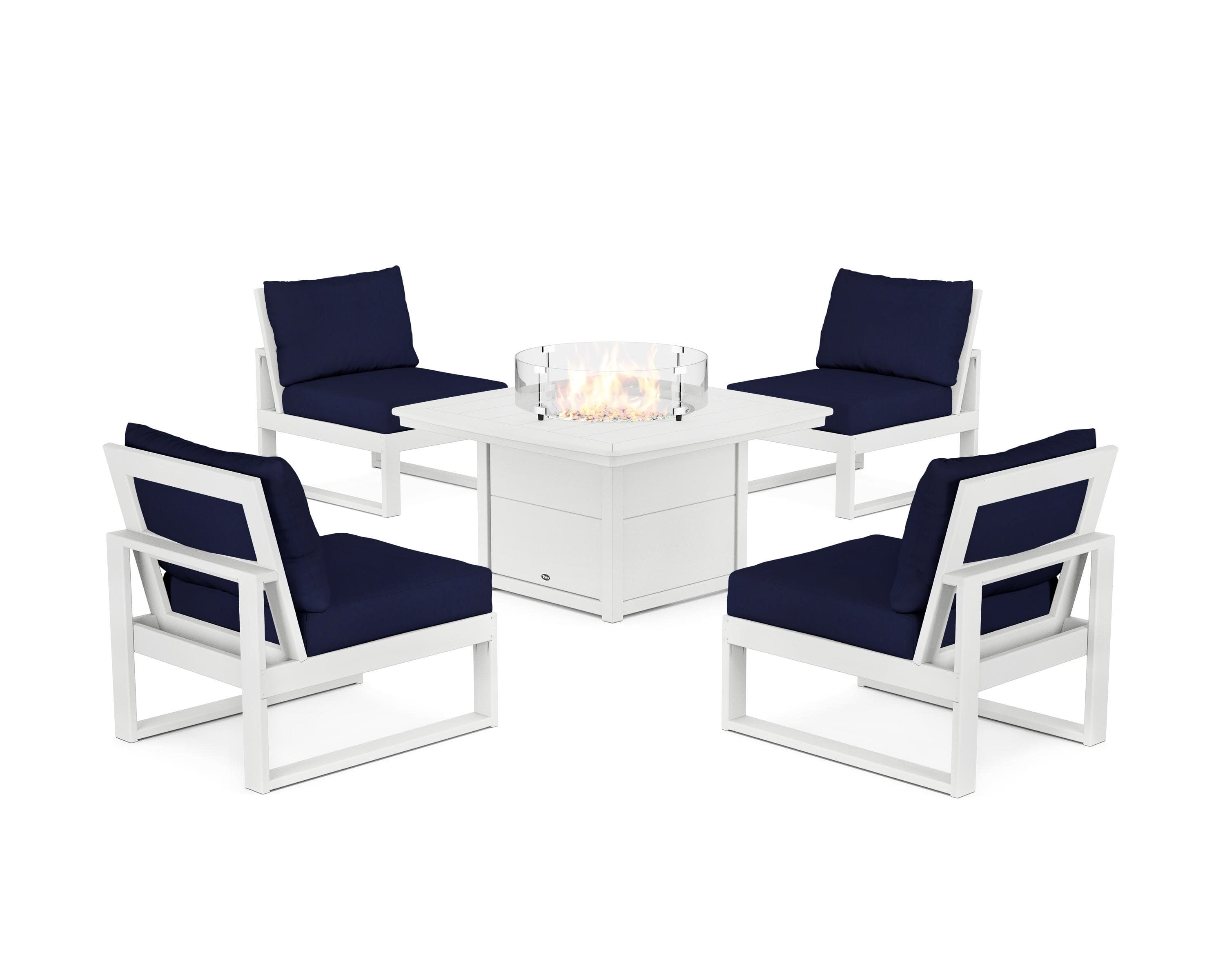 Eastport Modular 5-Piece Deep Seating Set with Yacht Club Fire Pit Table in Classic White / Navy