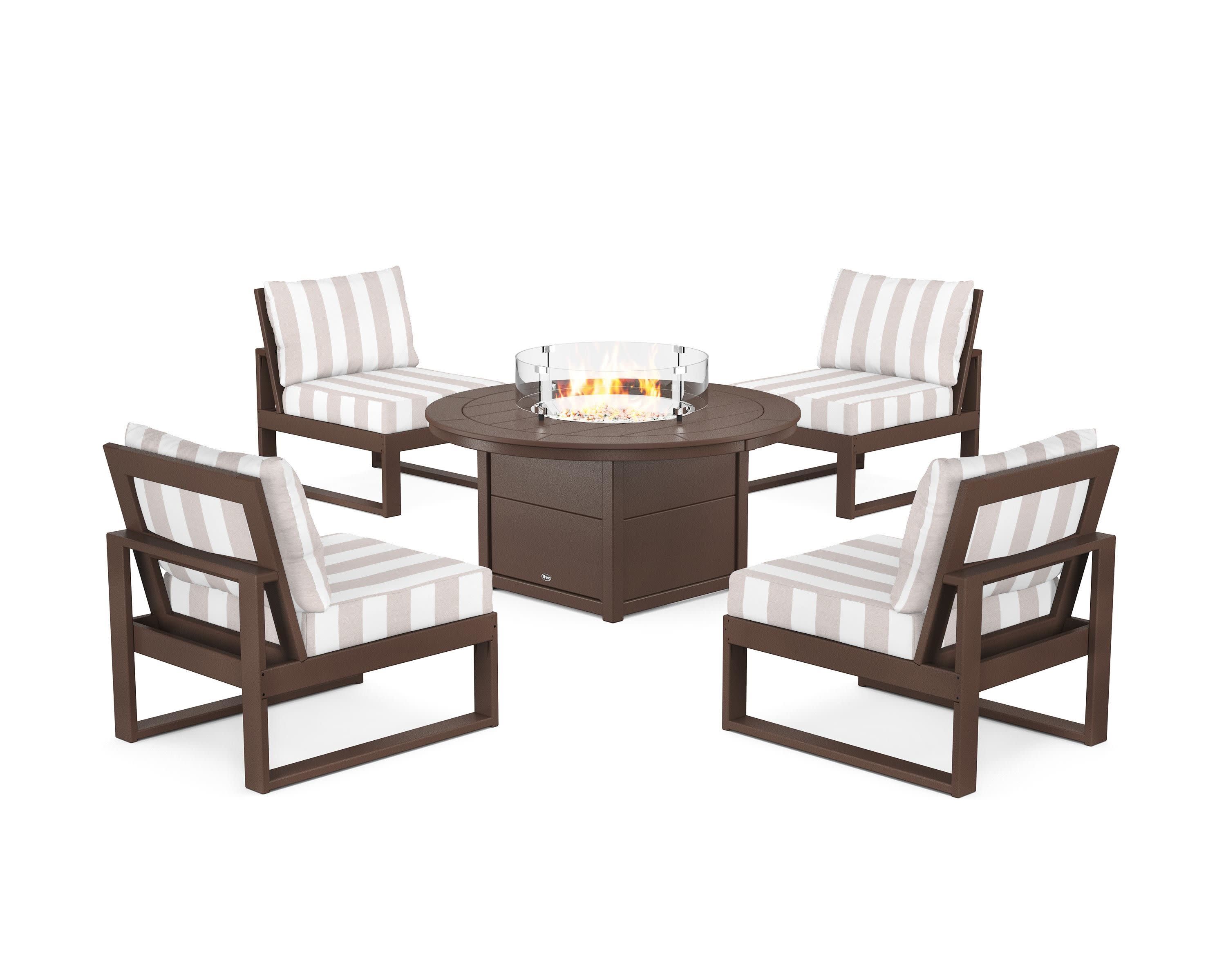 Eastport Modular 5-Piece Deep Seating Set with Round Fire Pit Table in Vintage Lantern / Cabana Stripe Dune Burlap