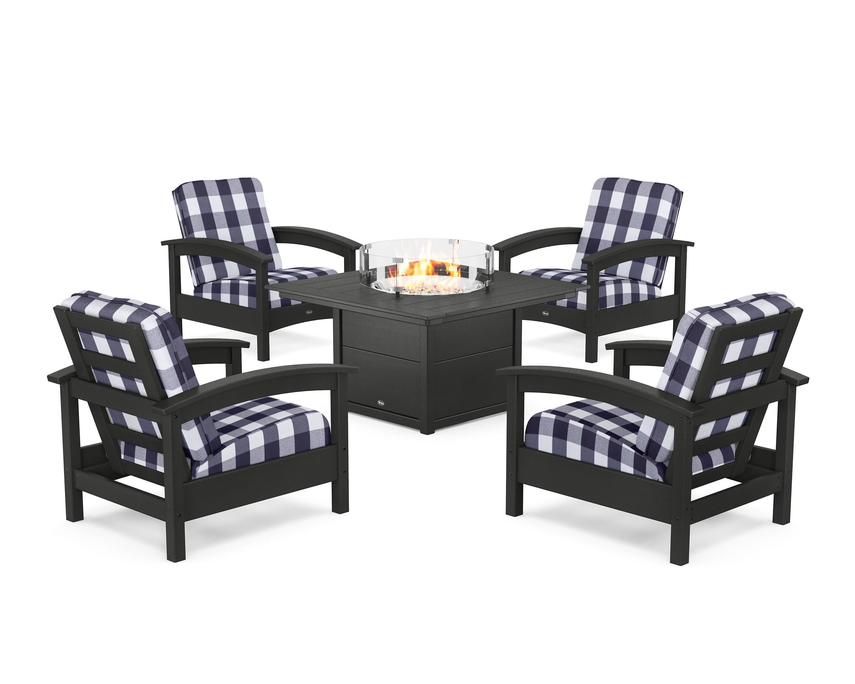 Rockport 5-Piece Deep Seating Set with Square Fire Pit Table in Charcoal Black / Buffalo Plaid Navy