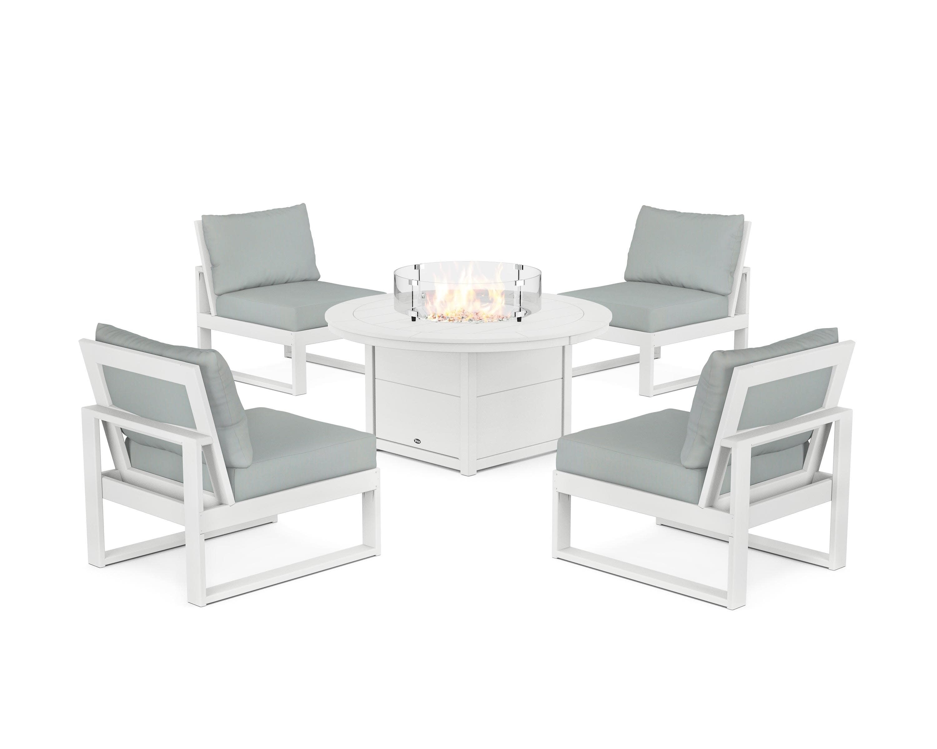 Eastport Modular 5-Piece Deep Seating Set with Round Fire Pit Table in Classic White / Spa
