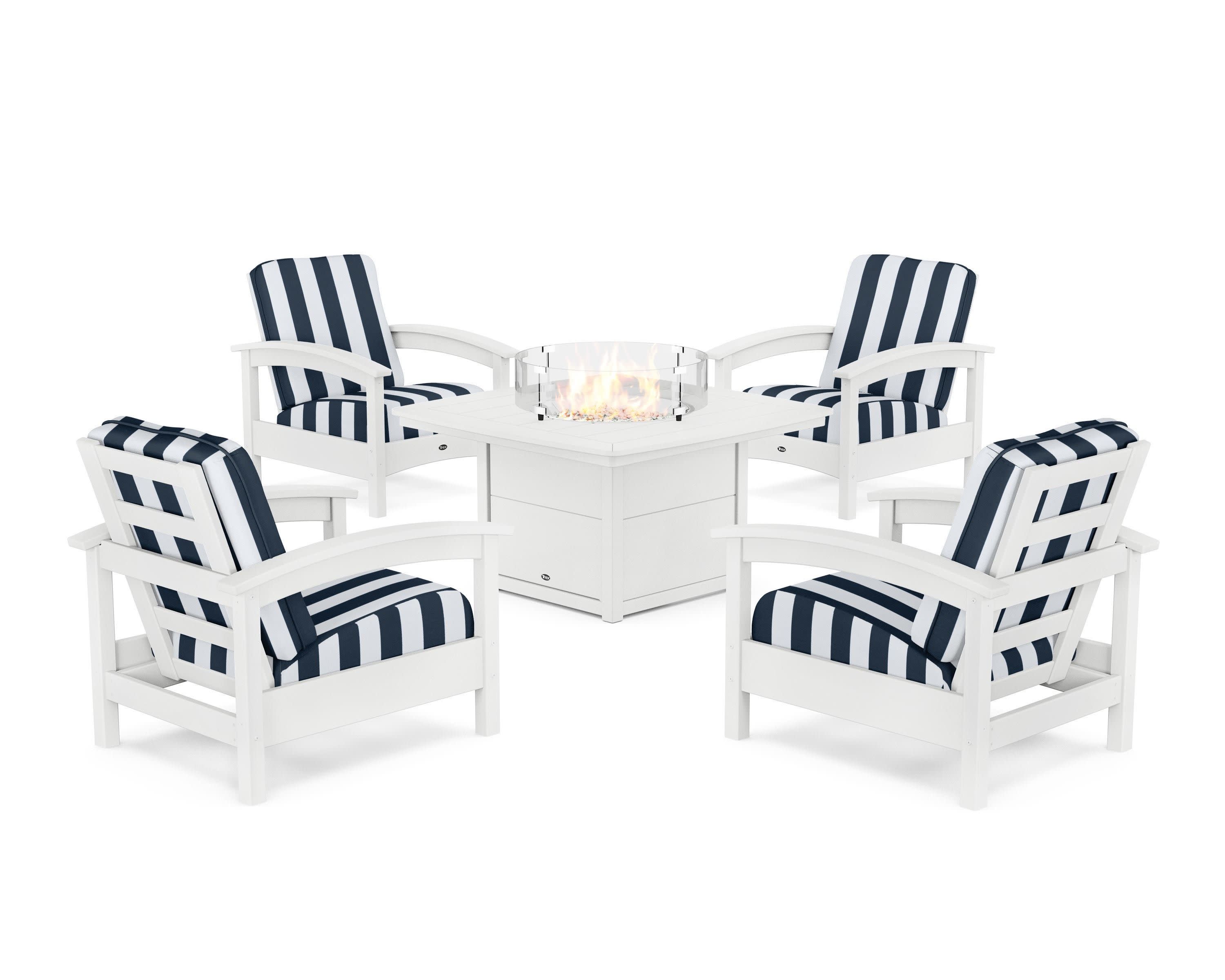 Rockport 5-Piece Deep Seating Set with Yacht Club Fire Pit Table in Classic White / Cabana Stripe Marine Indigo