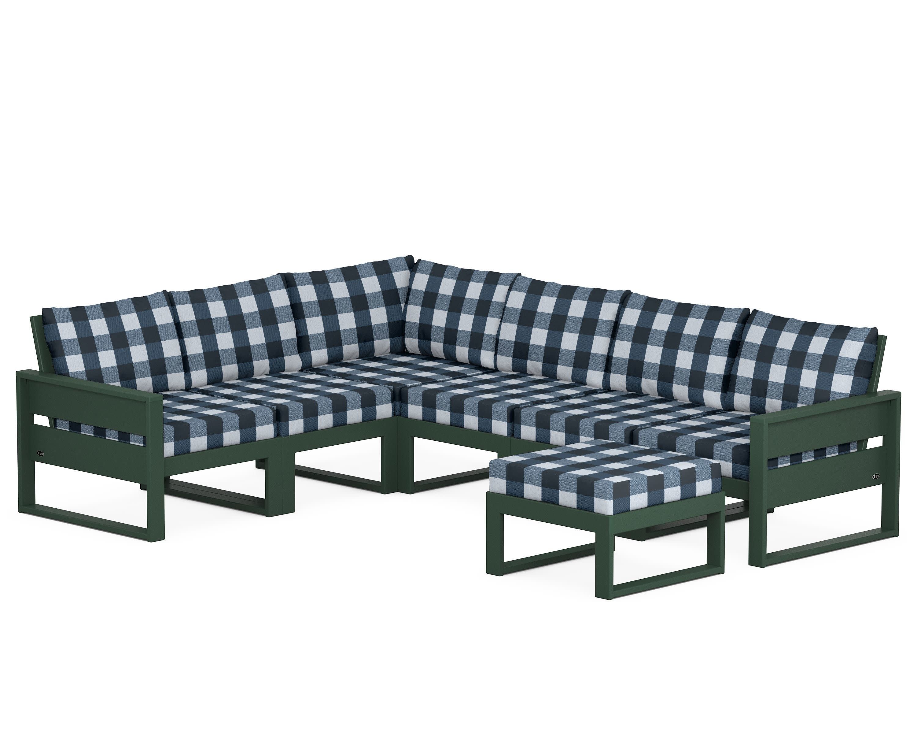 Eastport 6-Piece Sectional with Ottoman in Rainforest Canopy / Buffalo Plaid Marine Indigo