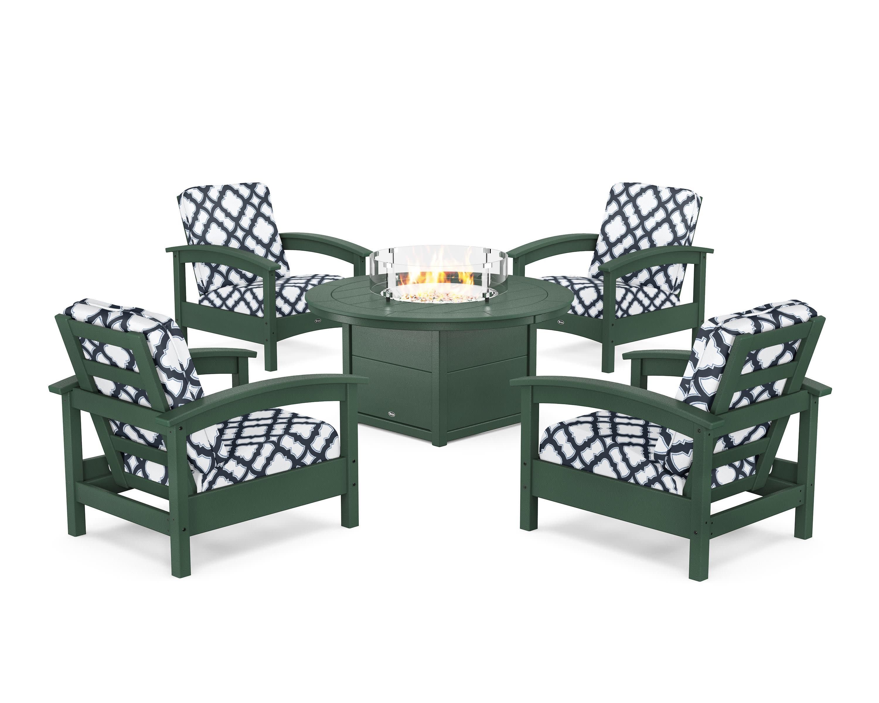 Rockport 5-Piece Deep Seating Set with Round Fire Pit Table in Rainforest Canopy / Trellis Marine Indigo