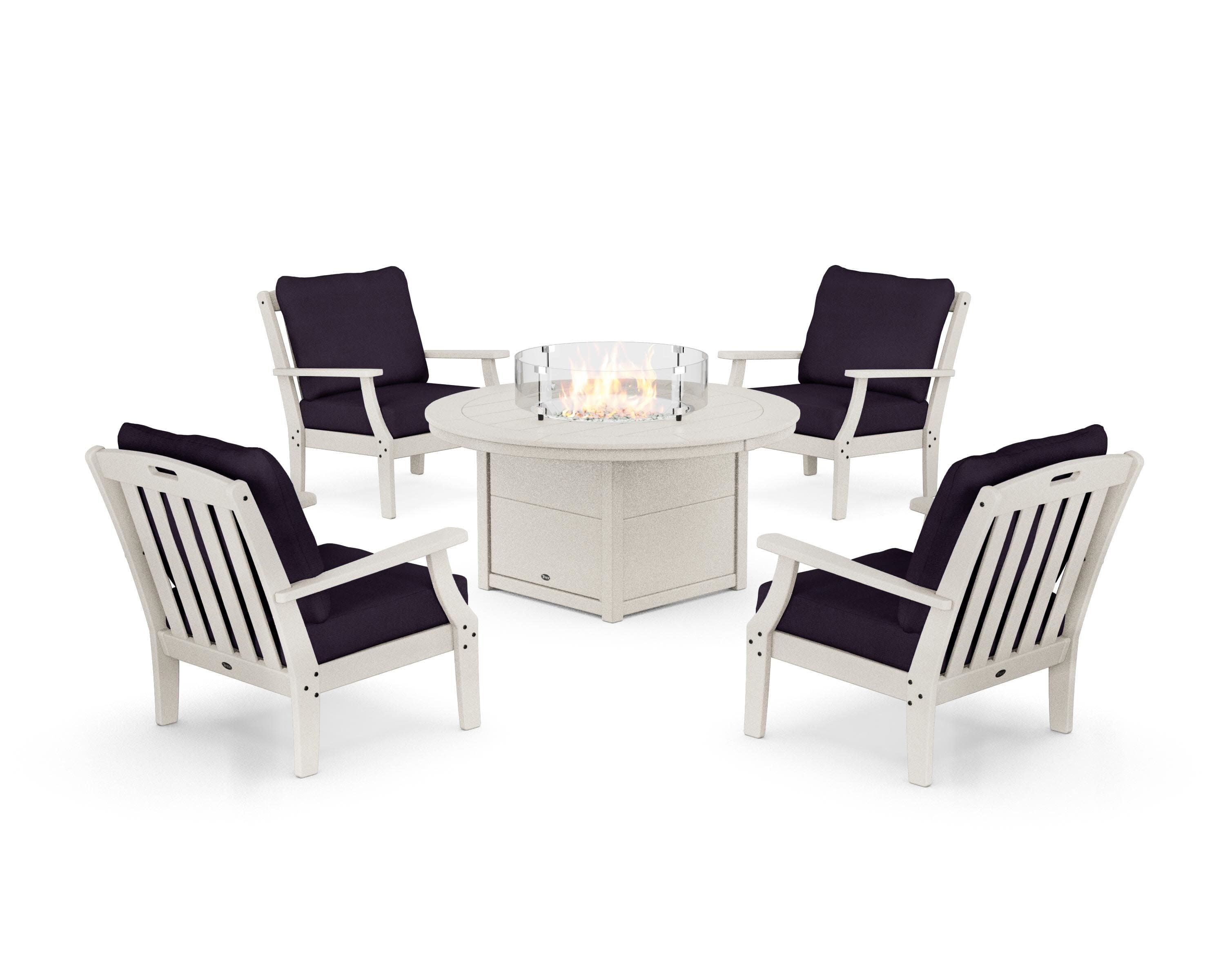 Yacht Club 5-Piece Deep Seating Set with Round Fire Pit Table in Sand Castle / Navy Linen