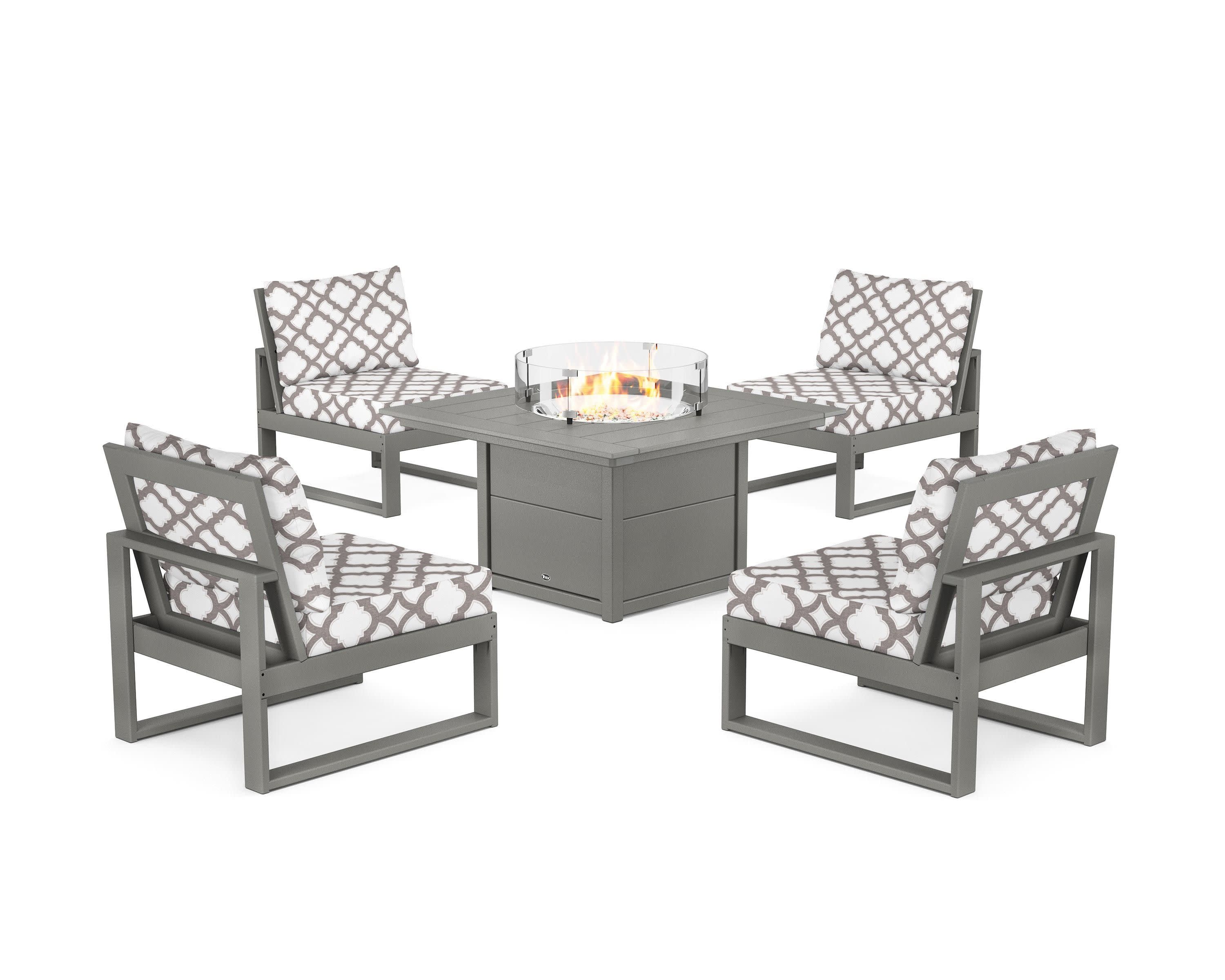Eastport Modular 5-Piece Deep Seating Set with Square Fire Pit Table in Stepping Stone / Trellis Grey Mist