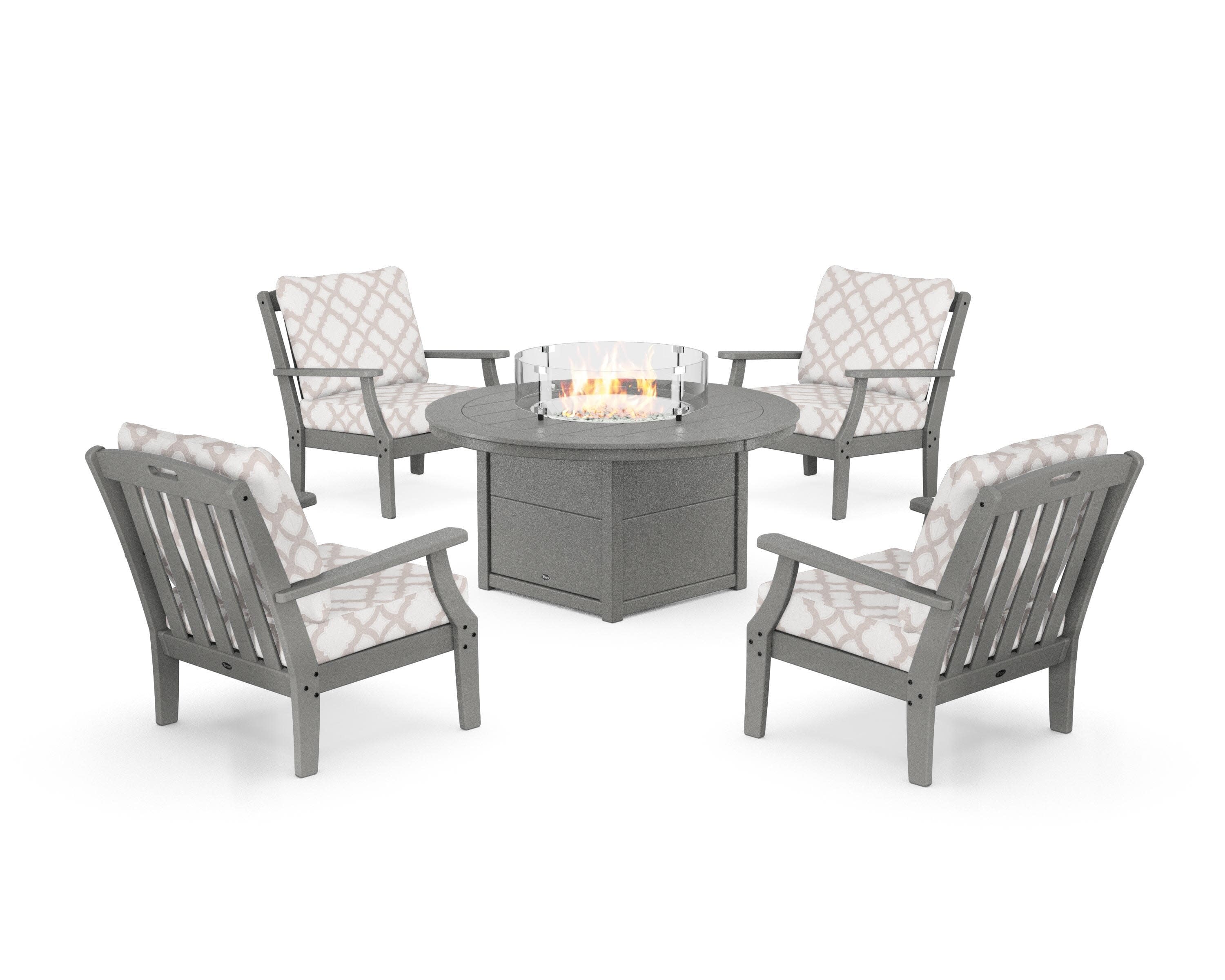 Yacht Club 5-Piece Deep Seating Set with Round Fire Pit Table in Stepping Stone / Trellis Dune Burlap