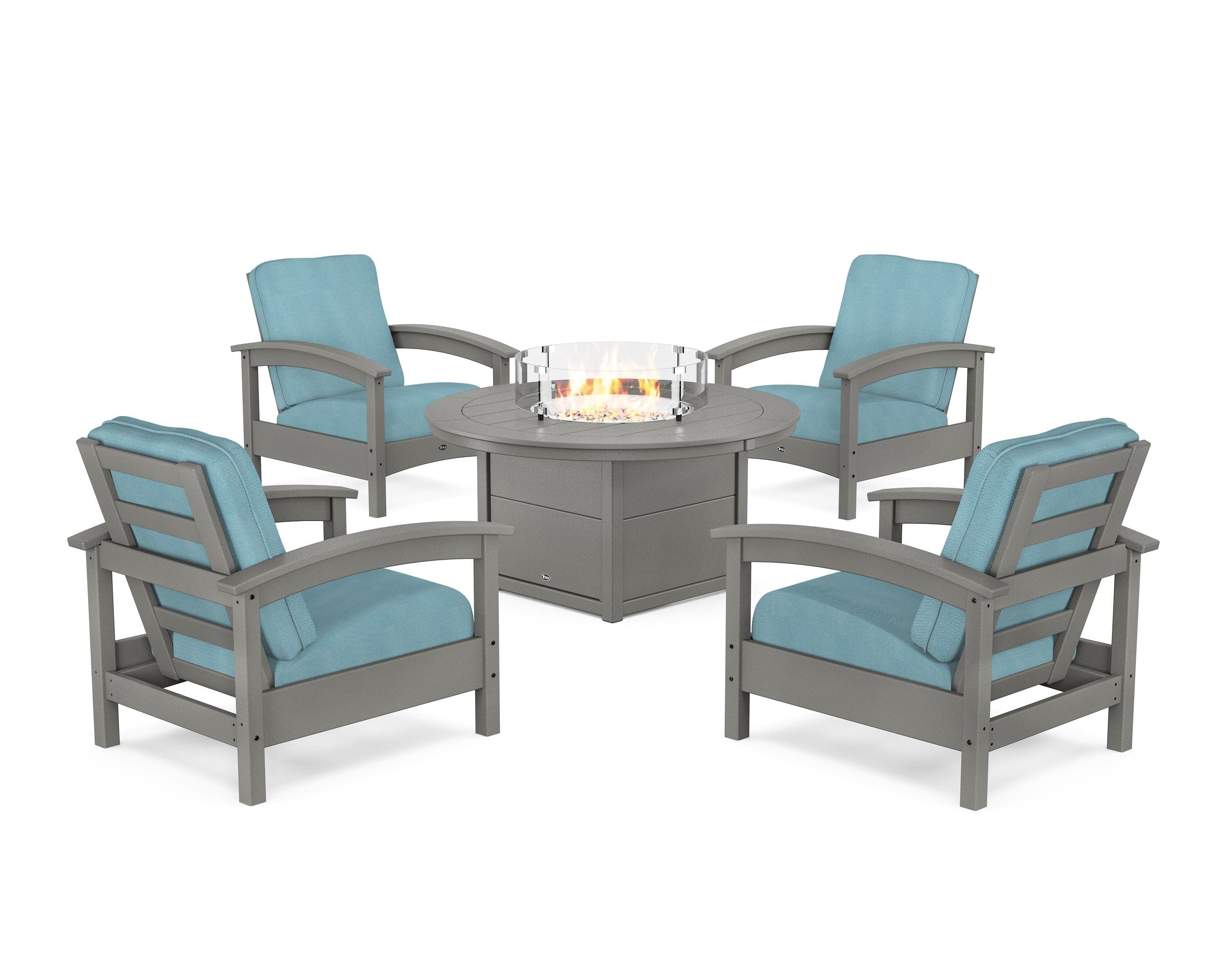 Rockport 5-Piece Deep Seating Set with Round Fire Pit Table in Stepping Stone / Lattice Sky Blue