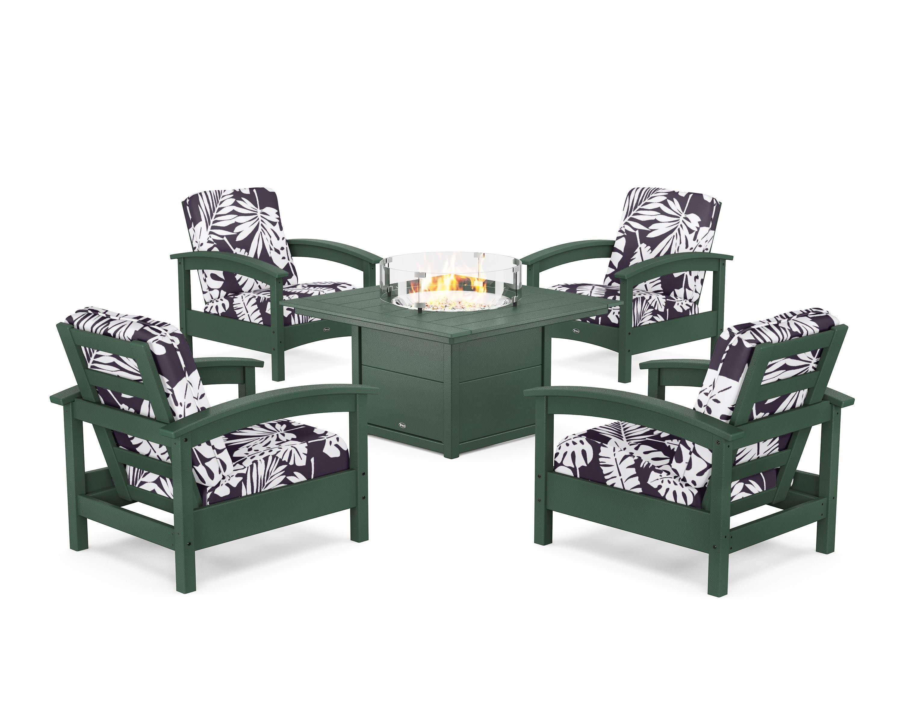 Rockport 5-Piece Deep Seating Set with Square Fire Pit Table in Rainforest Canopy / Leaf Navy