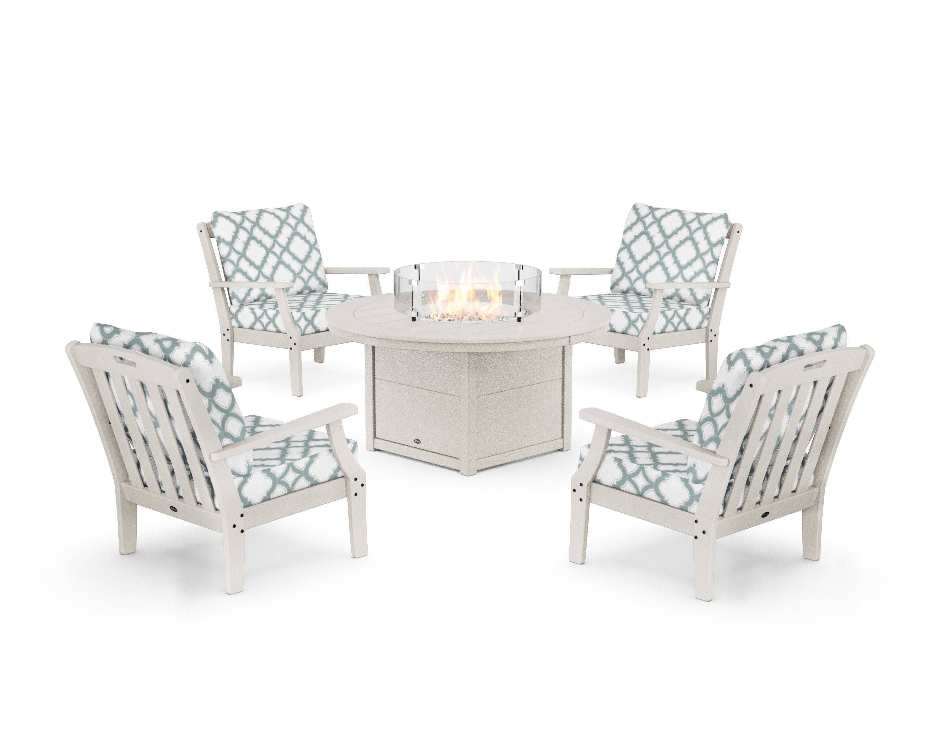 Yacht Club 5-Piece Deep Seating Set with Round Fire Pit Table in Sand Castle / Trellis Glacier Spa